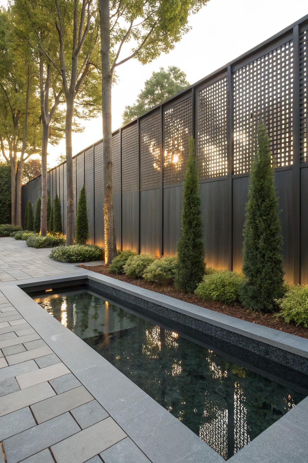 Tall black perforated metal fence runs alongside a stone pathway in a garden, with tall trees, conifer shrubs, ground cover plants, uplighting, and a narrow rectangular reflecting pool.