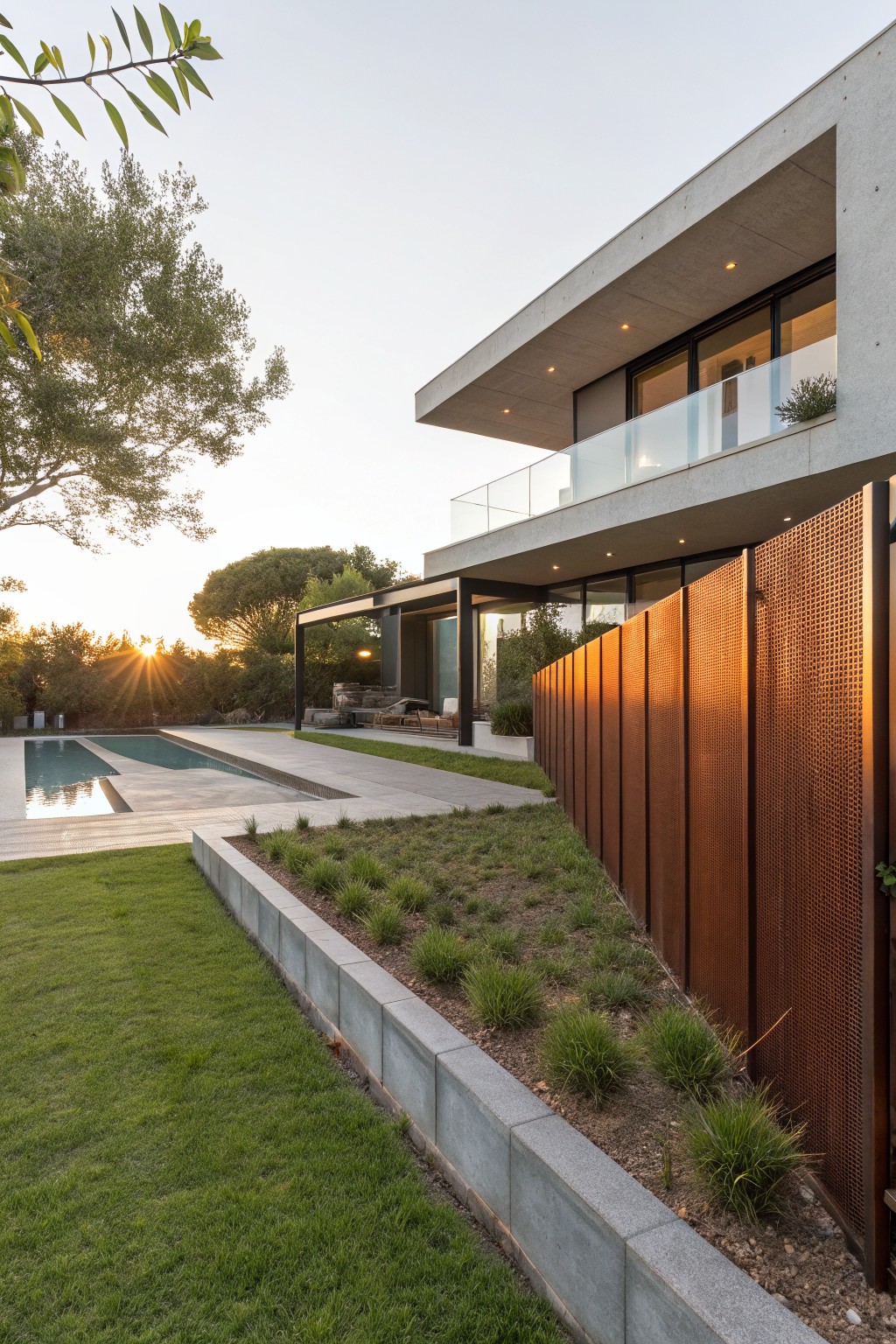 Modern concrete house exterior with glass walls, infinity-edge pool, landscaped garden, and tall perforated bronze metal fence along the edge at sunset.