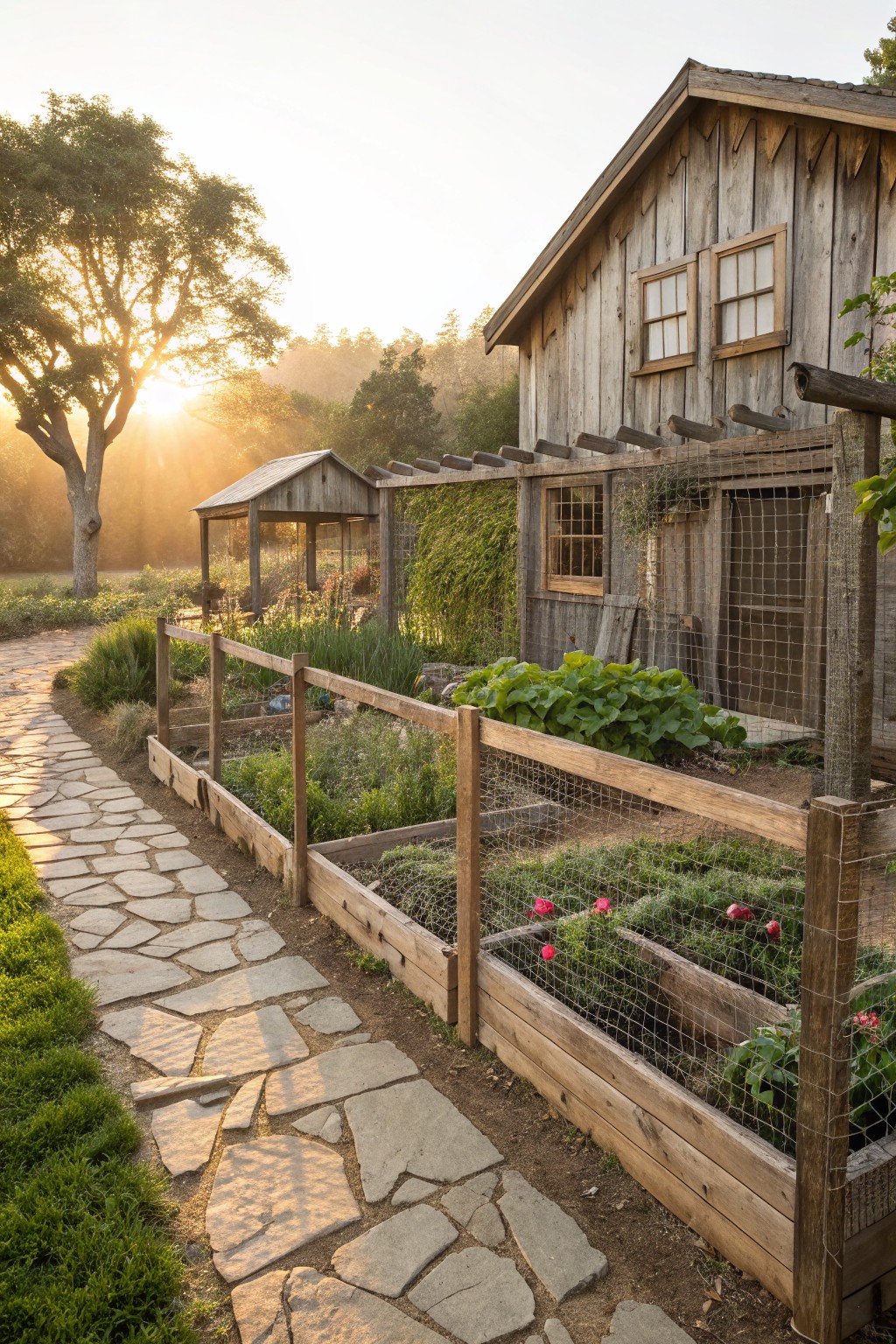 Wooden raised garden beds enclosed in wire mesh fencing filled with plants and vegetables, next to a rustic wooden outbuilding and stone pathway in a garden setting.