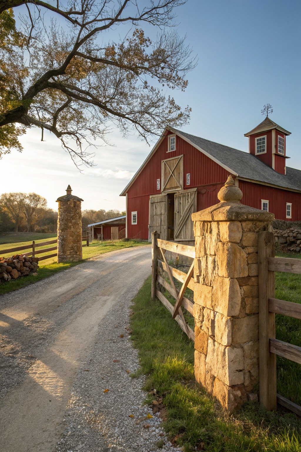 Red barn with cupola behind split-rail wooden fence supported by tall stone pillars with finials, gravel driveway, firewood stack, and autumn trees in field.