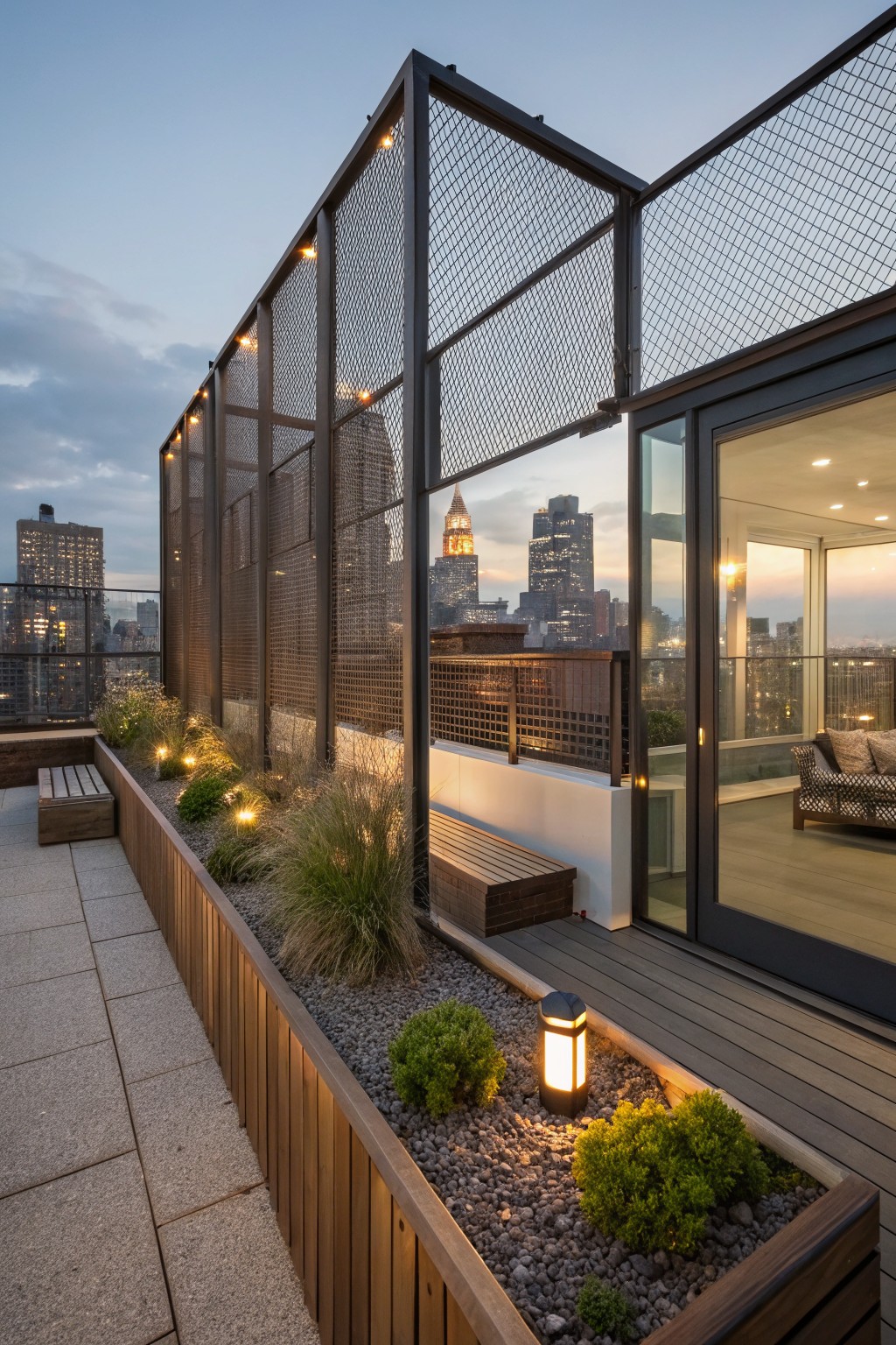 Rooftop terrace with tall black metal mesh fencing along the edge, wooden raised planters containing grasses and shrubs, benches, pathway lighting, and a glass door to an interior room against a city skyline at dusk.