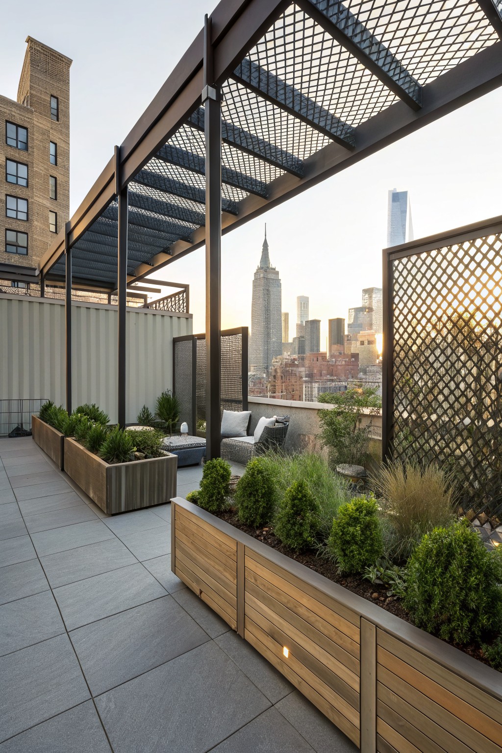 Rooftop terrace featuring a metal pergola with mesh roofing, tall black metal lattice privacy screens, wooden planters with shrubs and grasses, outdoor seating, and a view of the New York City skyline at dusk.