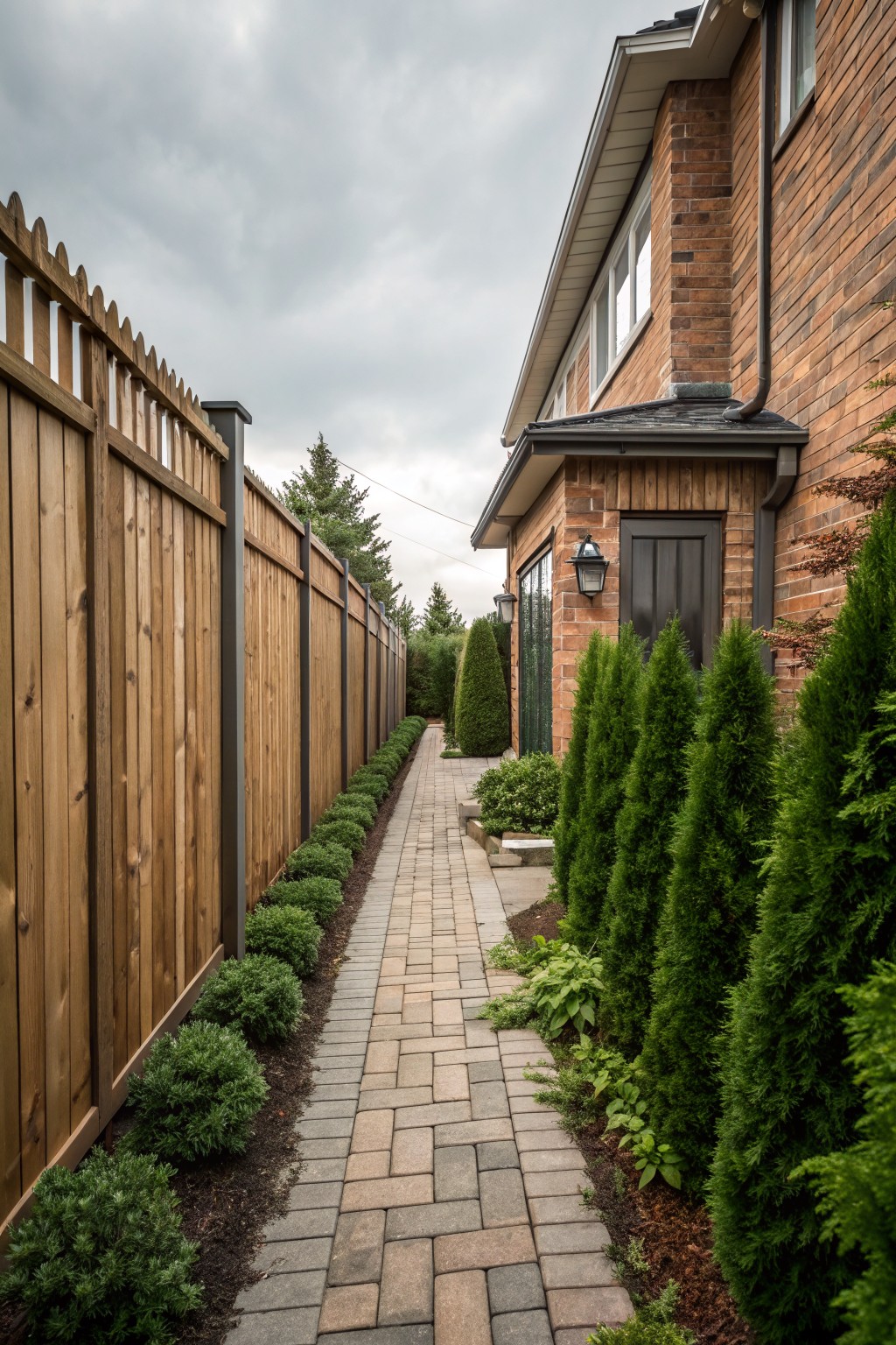 Narrow brick paver pathway between a tall wooden privacy fence on the left and tall green arborvitae shrubs on the right, adjacent to a brick house wall with a dark side door.