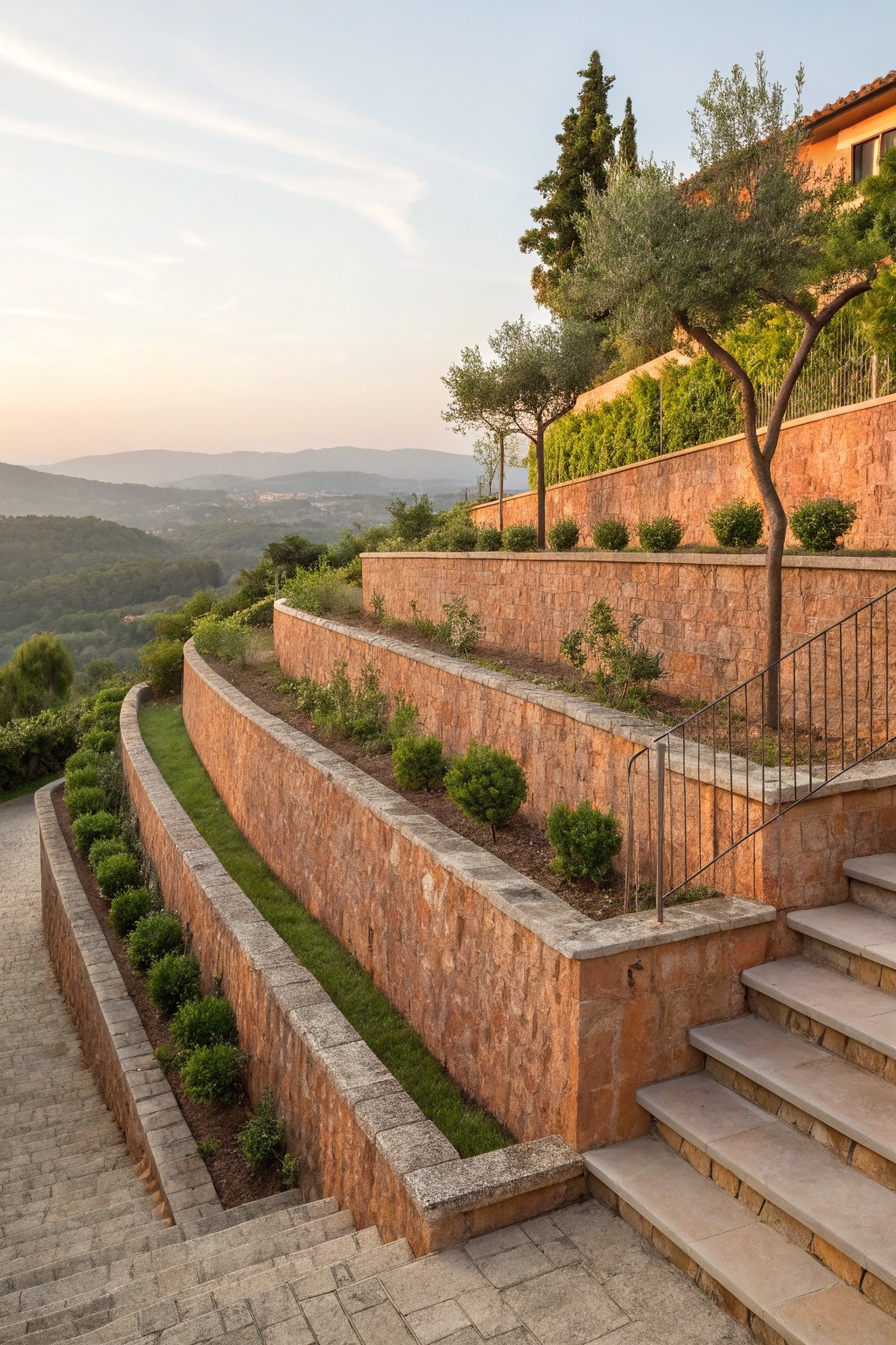 Terraced brick retaining walls with planted shrubs, olive trees, and grass on a hillside, featuring stone stairs with iron railings and a paved path below, overlooking distant hills at dusk.