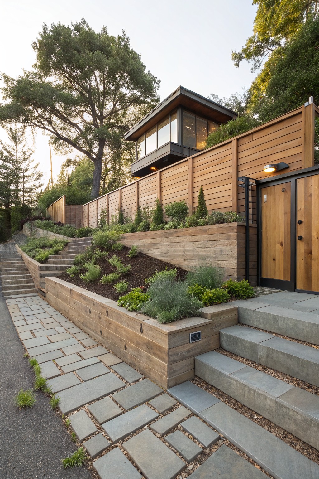 Sloped yard beside a modern wood-clad house featuring terraced wooden retaining walls with plants, horizontal slat fences, concrete entry steps, stone pathway, and wooden gate.