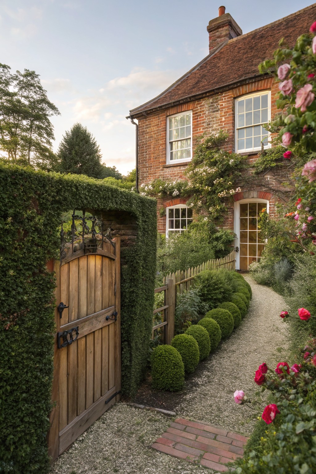 Wooden arched gate set within a tall dense green hedge wall beside a gravel path lined with boxwood topiaries leading to the entrance of a red brick house with climbing roses.
