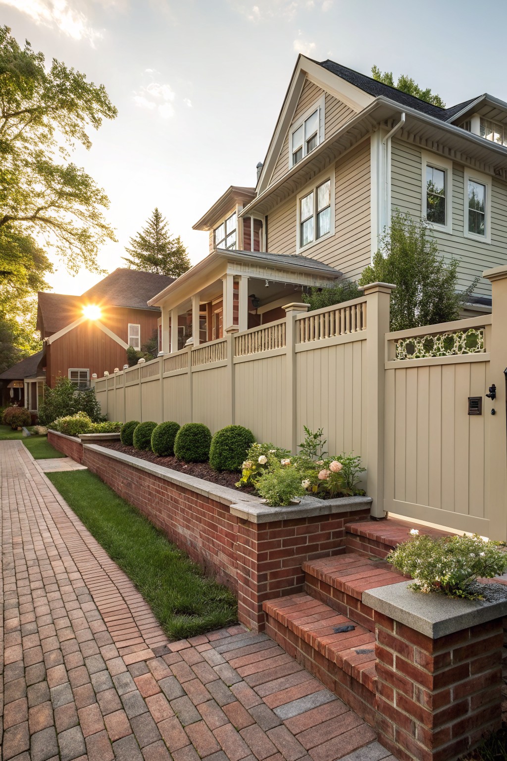 A tall beige vinyl privacy fence with spindle-style tops and decorative lattice panels runs along a brick retaining wall and pathway planted with shrubs and flowers, next to a beige house at sunset.
