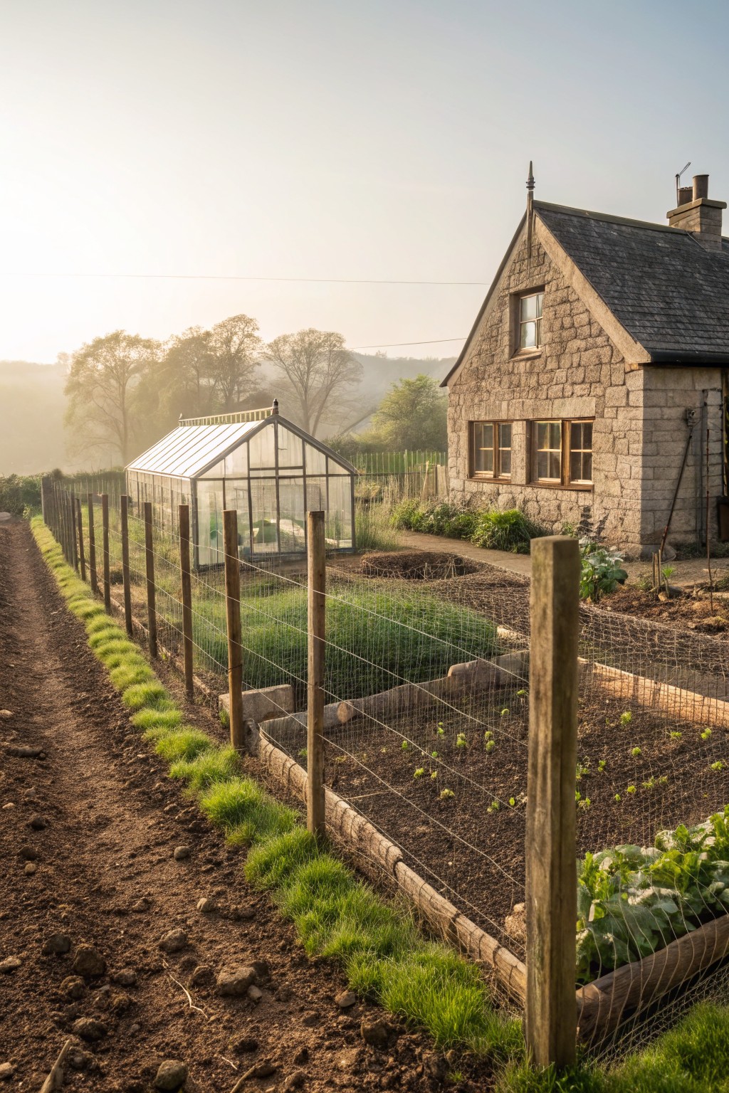 Stone cottage with greenhouse and wire mesh fence enclosing raised garden beds along a dirt path in misty morning light.