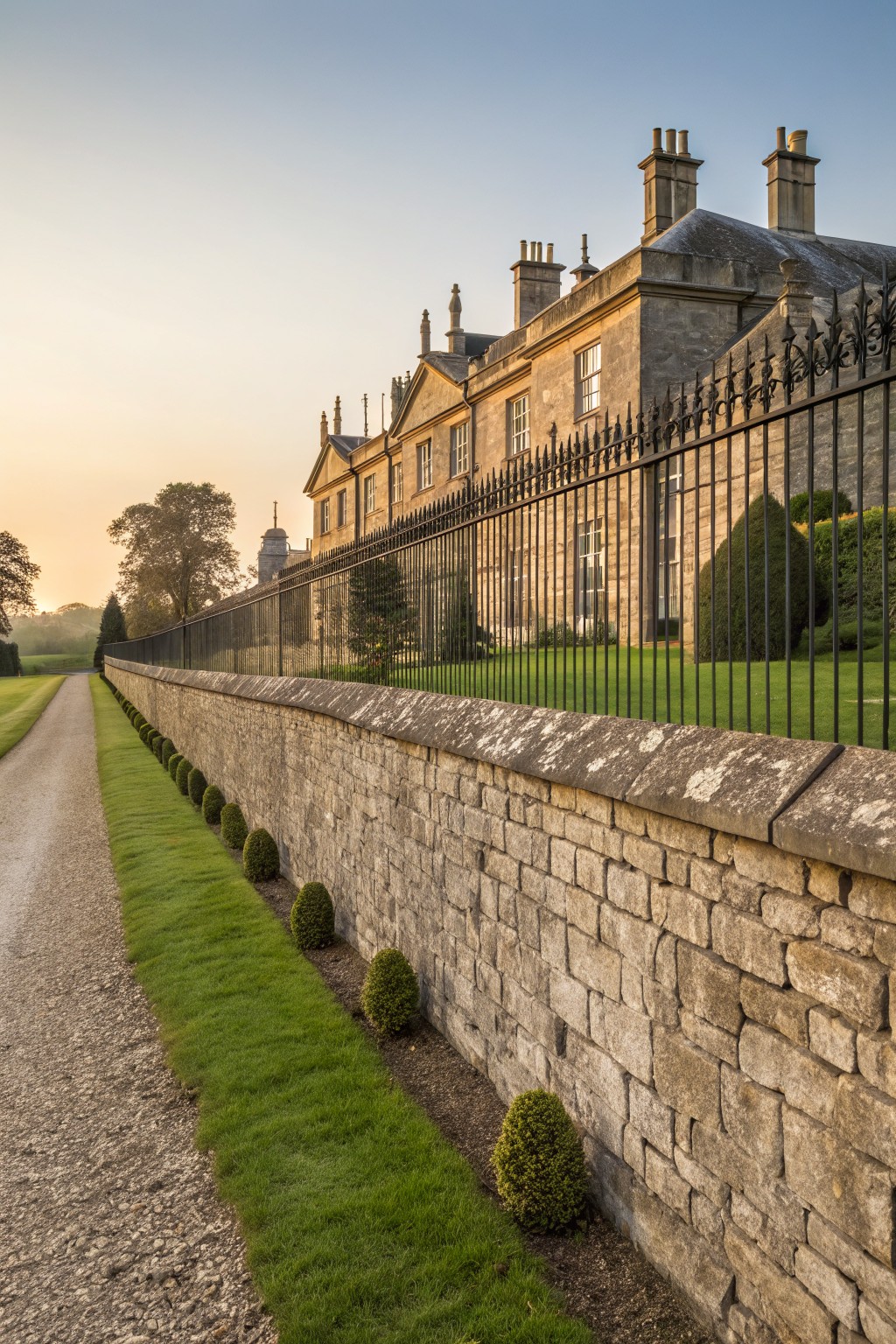 Stone manor house behind tall black wrought-iron fence with spear finials atop a low stone wall, flanked by gravel path, grass strip, and clipped boxwood hedges.