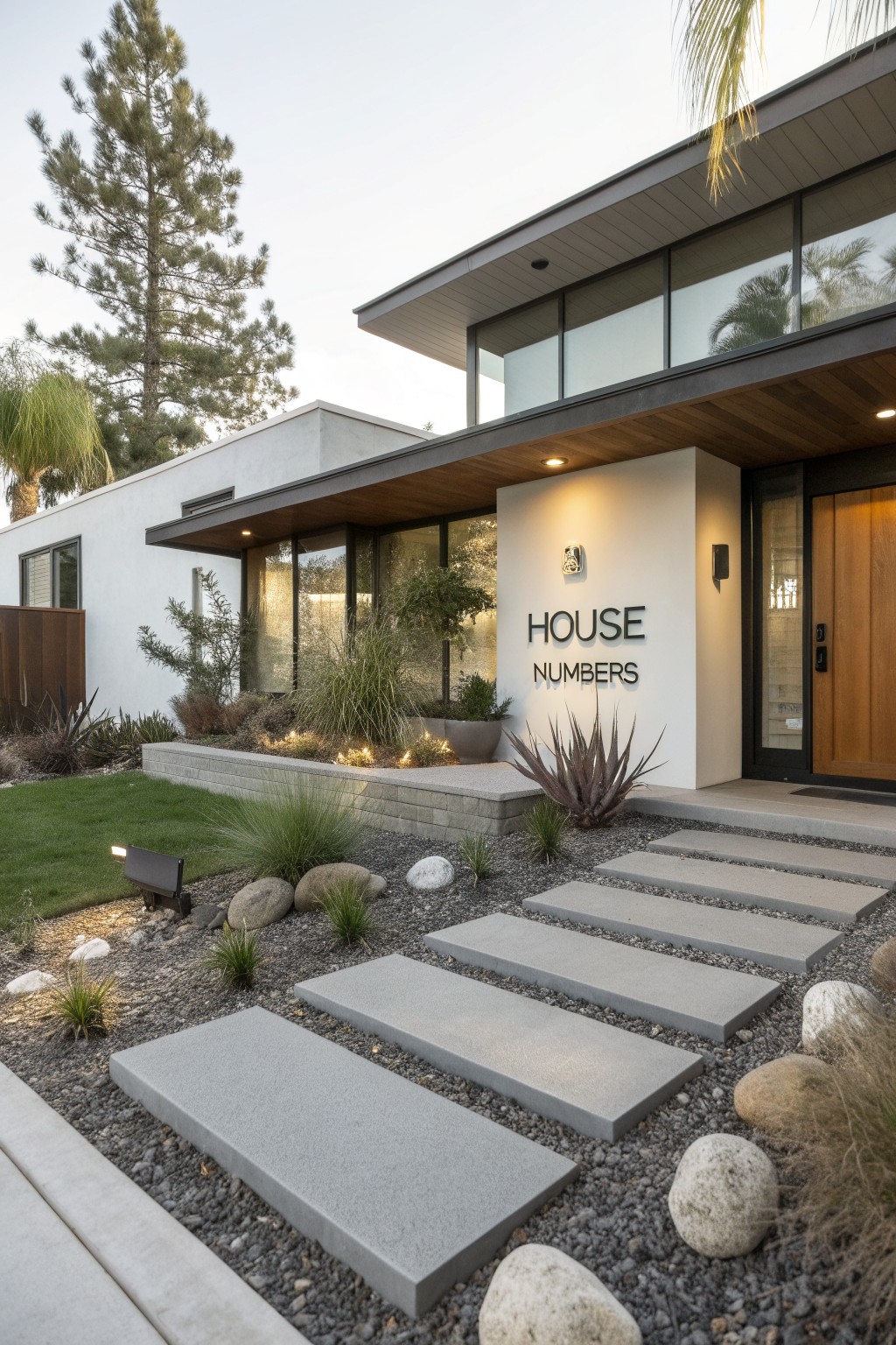 Modern white stucco house with overhanging wood entryway, glass walls, wooden door, and front yard featuring gravel ground cover, large boulders, agave plants, and wide gray concrete stepping slabs leading to steps at the entrance.