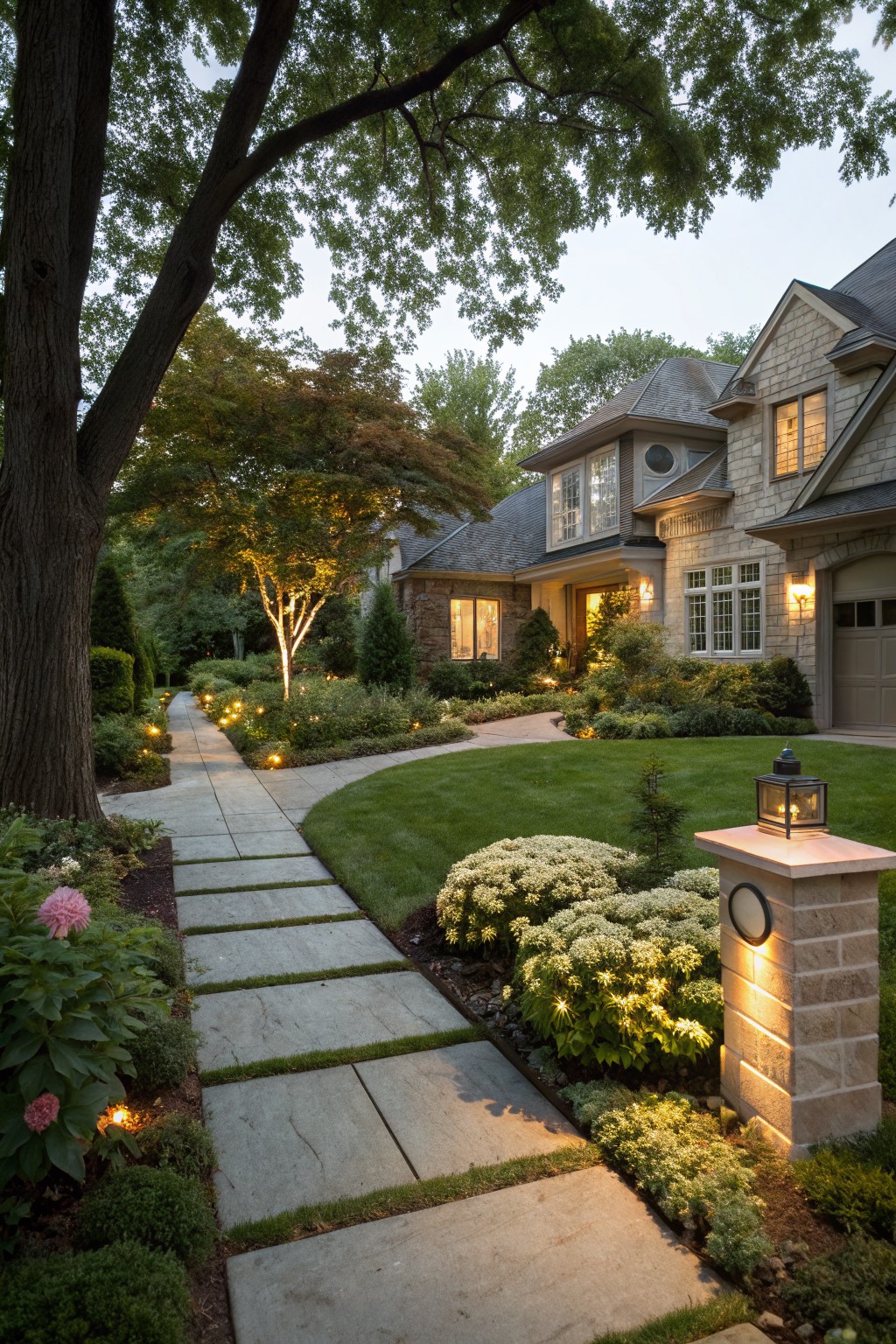 Curved stone paver walkway through a front yard garden leading to a house garage and entry, edged with plants, low lights, trees, shrubs, lawn, and stone pillar lamp in evening twilight.