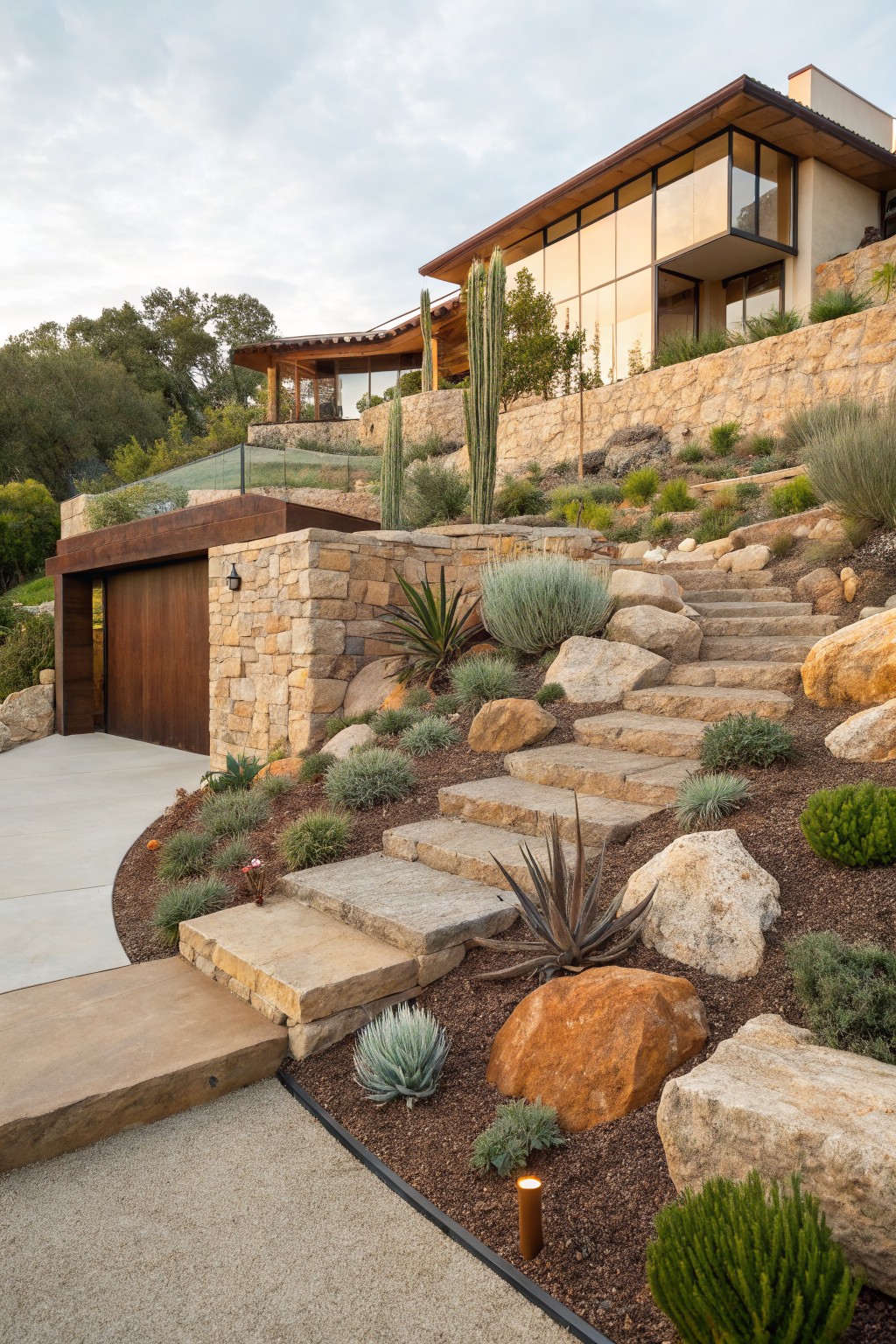 Hillside modern house with wooden garage door at driveway level, wide irregular stone steps ascending through large boulders and drought-tolerant plants like agaves and grasses to upper levels.