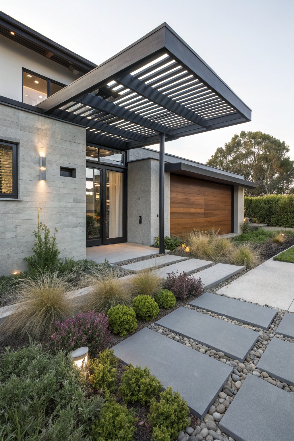 Modern house front with stone walls, wood garage door, glass entry, metal pergola overhead, and a front yard path of large rectangular concrete slabs set in gravel amid ornamental grasses, shrubs, and pebble ground cover.