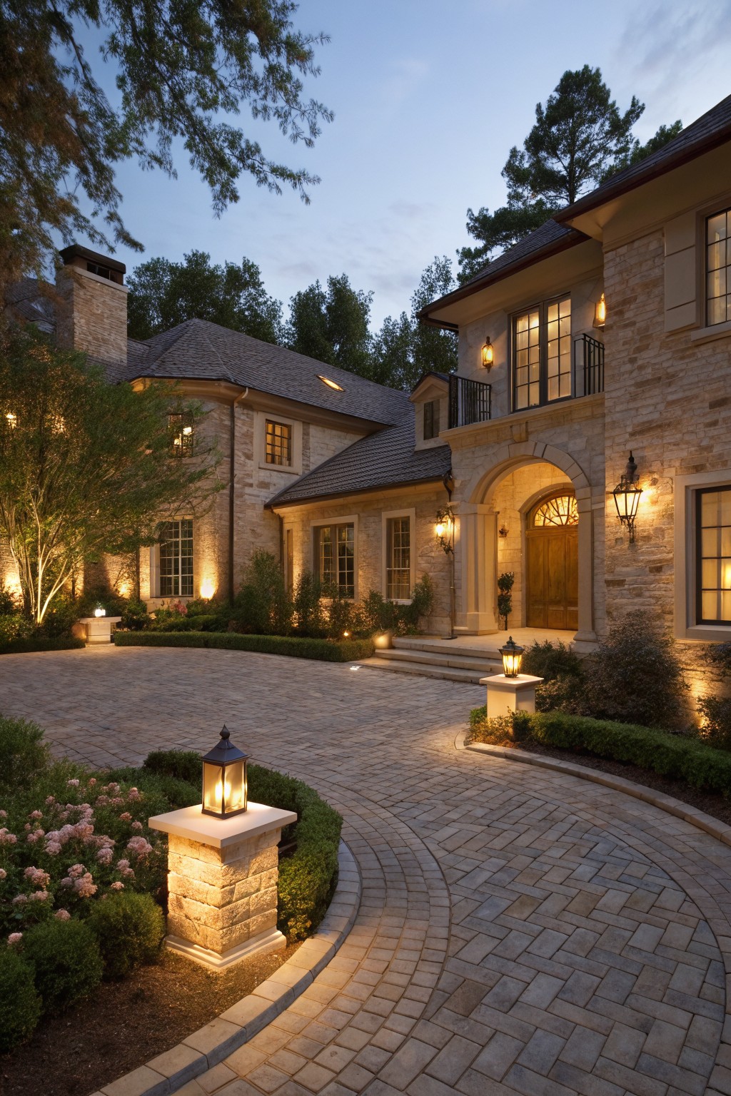 Dusk view of a beige stone house with arched wooden entry door, curved brick paver driveway edged by stone pillars topped with lanterns, uplighted trees and shrubs, and flower beds.