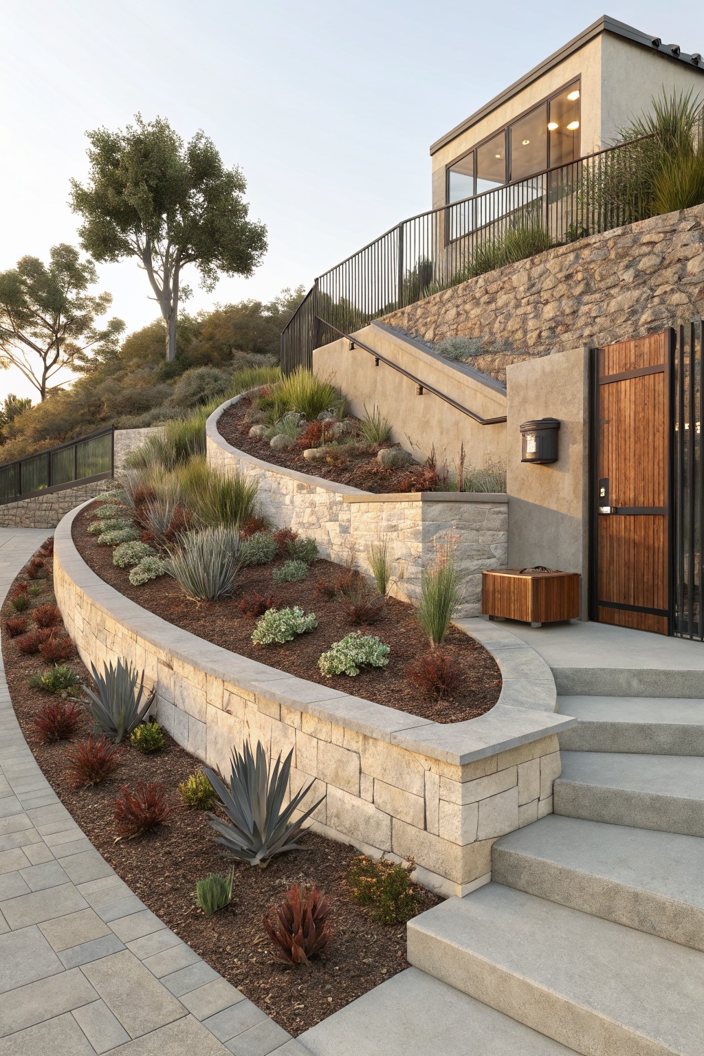 Sloped front yard with curved terraced limestone retaining walls planted with agaves, grasses, succulents, and shrubs, concrete steps leading to a wooden gate and door on a stucco building.
