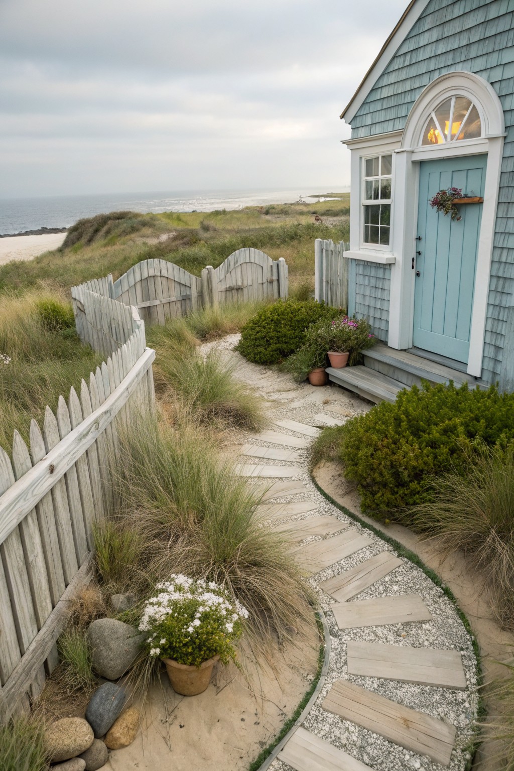 Blue shingled cottage with blue door and white trim at end of curved flagstone path through tall grasses, shrubs, and white picket fence, with beach dunes and ocean in background.