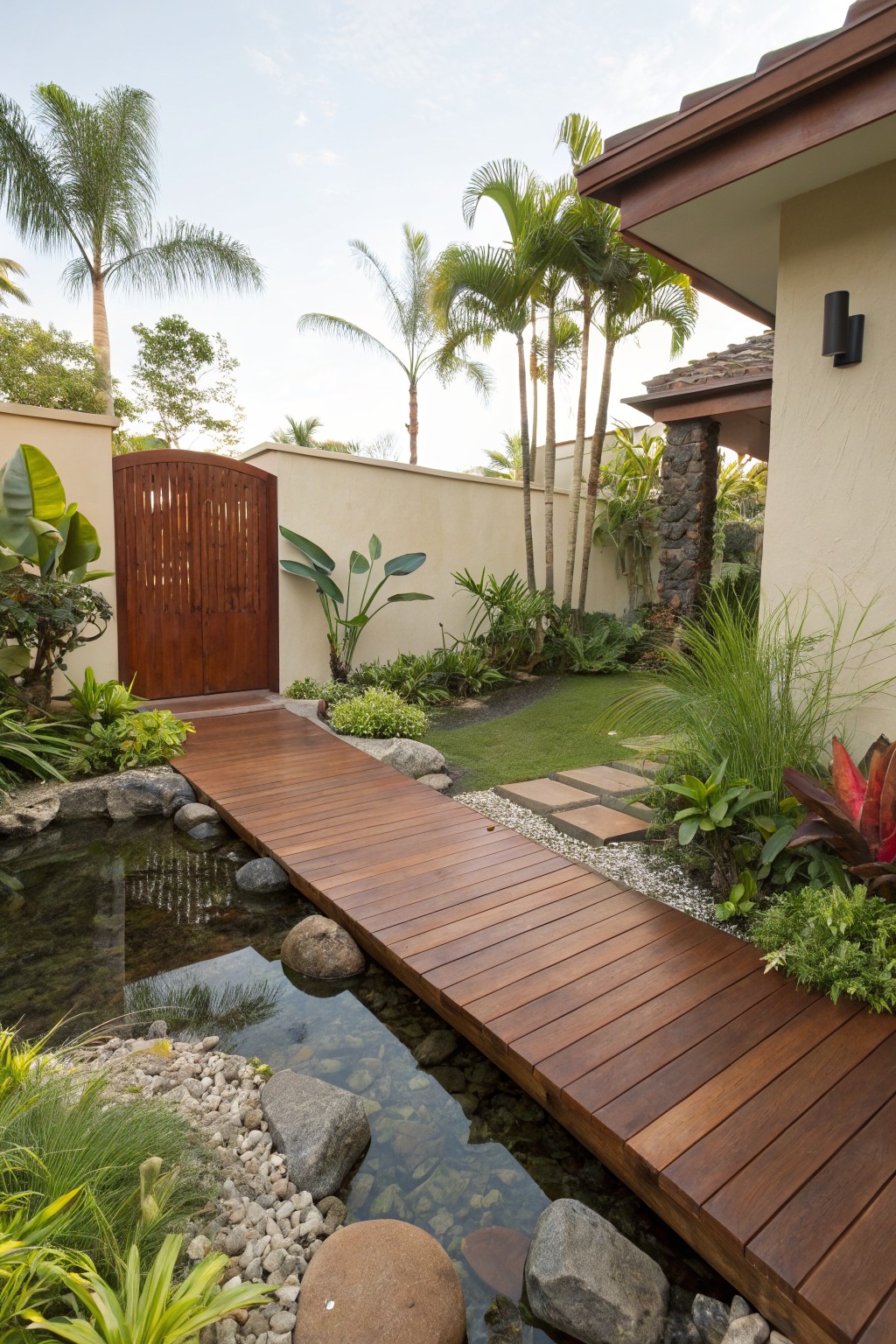 Wooden footbridge spans a small rock-lined pond in a lush tropical front yard garden with palms, ferns, grasses, and a gated entryway.