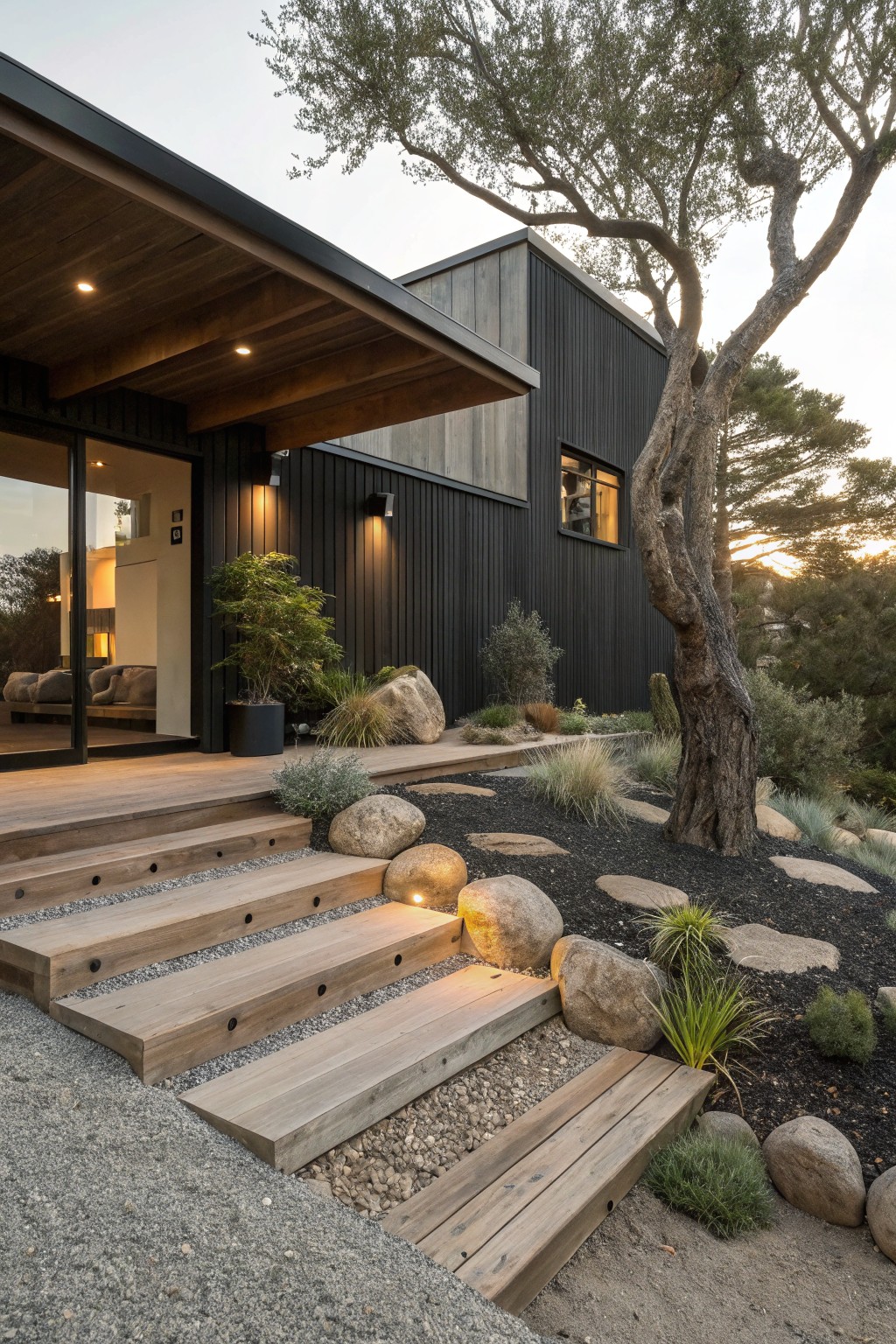 Dark wood-clad modern house exterior at dusk with wide wooden steps leading to a glass entry door, integrated into gravel ground cover with large boulders, stepping stones, grasses, and an olive tree nearby.