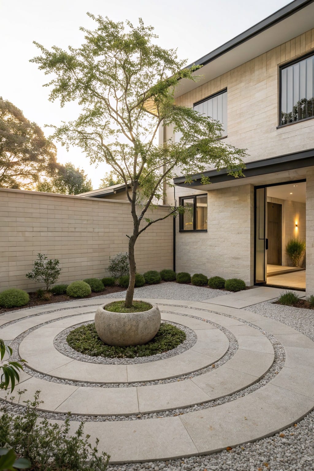 Beige stone house wall with black-framed windows and glass entry door, featuring a potted tree in the center of concentric gravel circles edged by small round shrubs and pebbles.