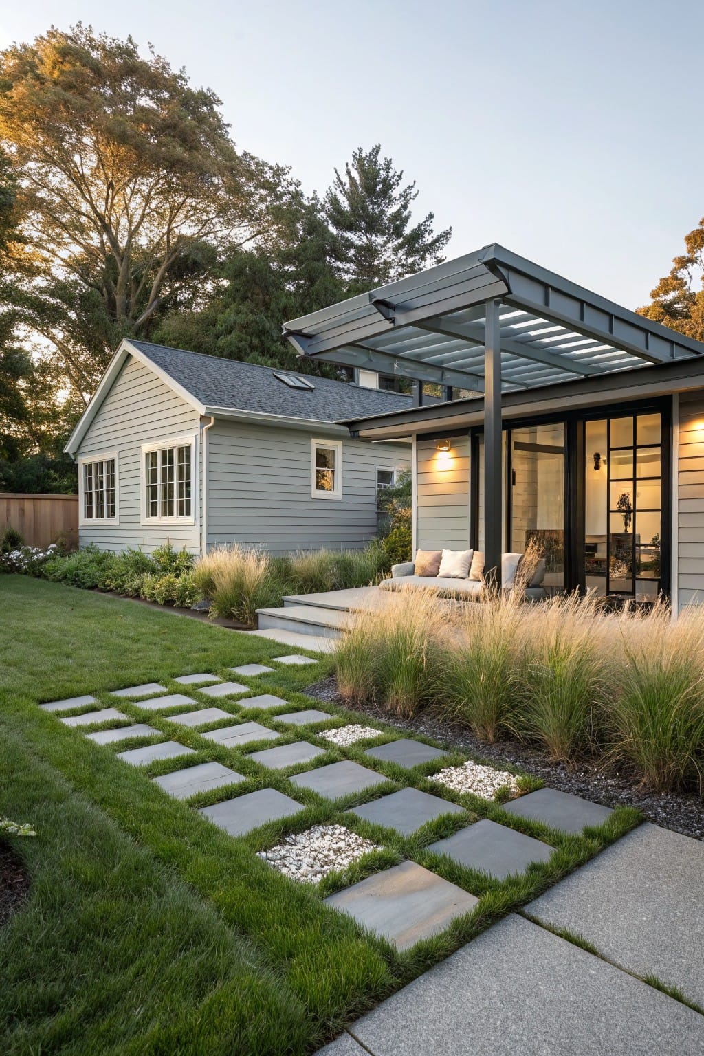Gray shingled house with modern addition featuring black-framed glass doors and a slatted metal roof over an outdoor seating area, connected by a grid of dark square pavers set in light gravel through a grassy lawn edged with tall ornamental grasses.