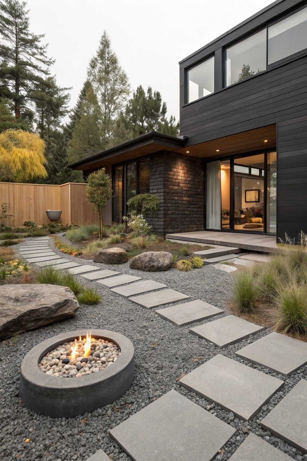 Backyard view of a modern black house with large windows, featuring a gravel area with rectangular stepping stones forming a path to a lit concrete fire pit surrounded by grasses, rocks, and a wooden fence.
