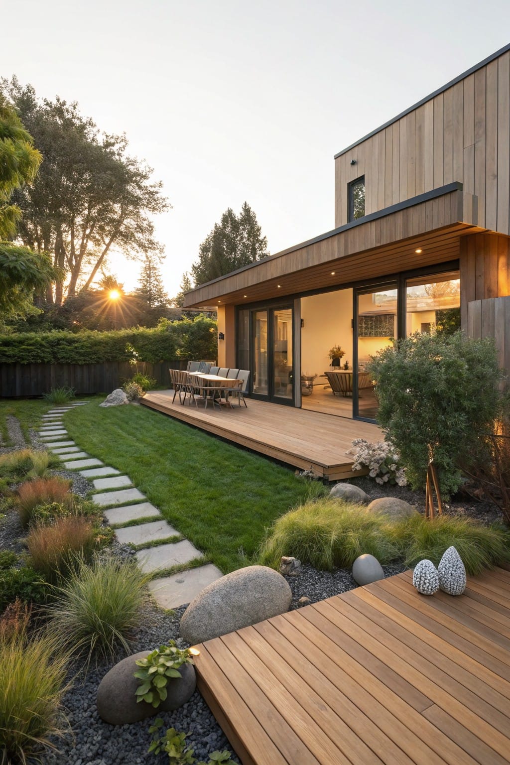 Backyard of modern house with cedar wood cladding and large glass doors opening to elevated wooden deck with table, stepping stone path winding through grass lawn edged by grasses, boulders, and plants.
