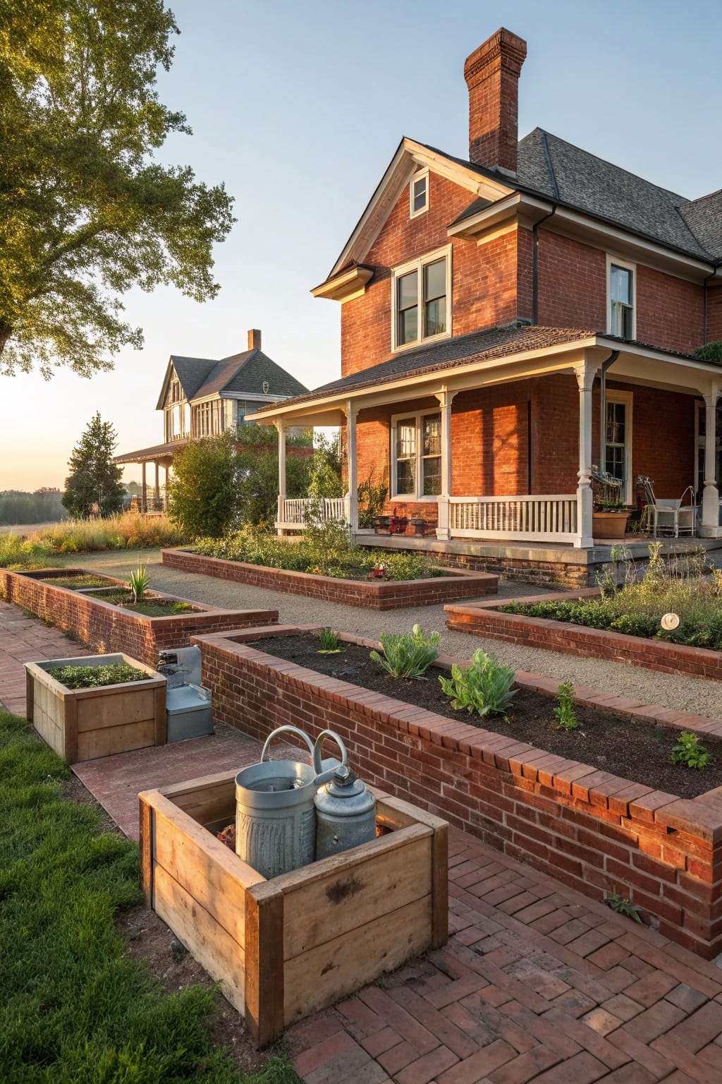 Red brick house with white porch and windows overlooking brick-walled raised garden beds with vegetables, wooden planters holding metal watering cans, and gravel paths in a grassy yard.
