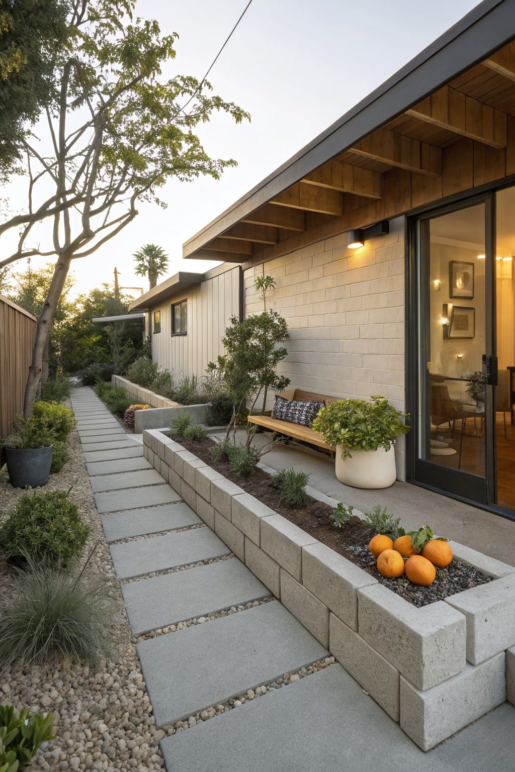 A concrete paver pathway edged by a low raised garden bed made of stacked concrete blocks filled with soil, plants, and oranges, running alongside a modern stucco and wood house exterior.