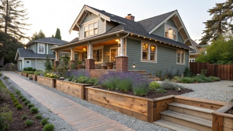 Craftsman house exterior with wooden raised garden beds planted with lavender and herbs along a gravel path and steps leading to the front porch.