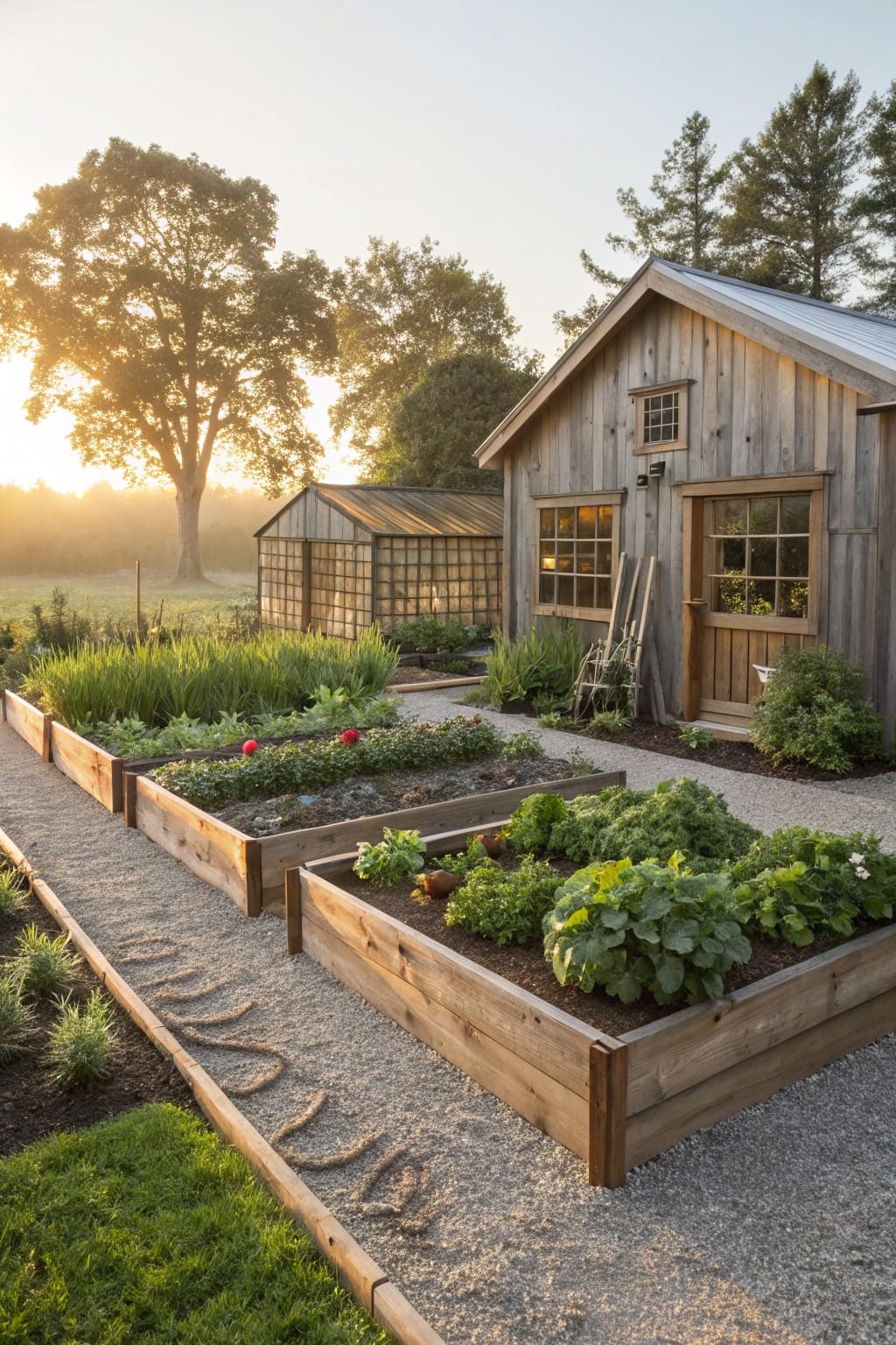 Wooden raised garden beds filled with plants and vegetables, separated by straight gravel paths leading to a wooden shed and greenhouse.