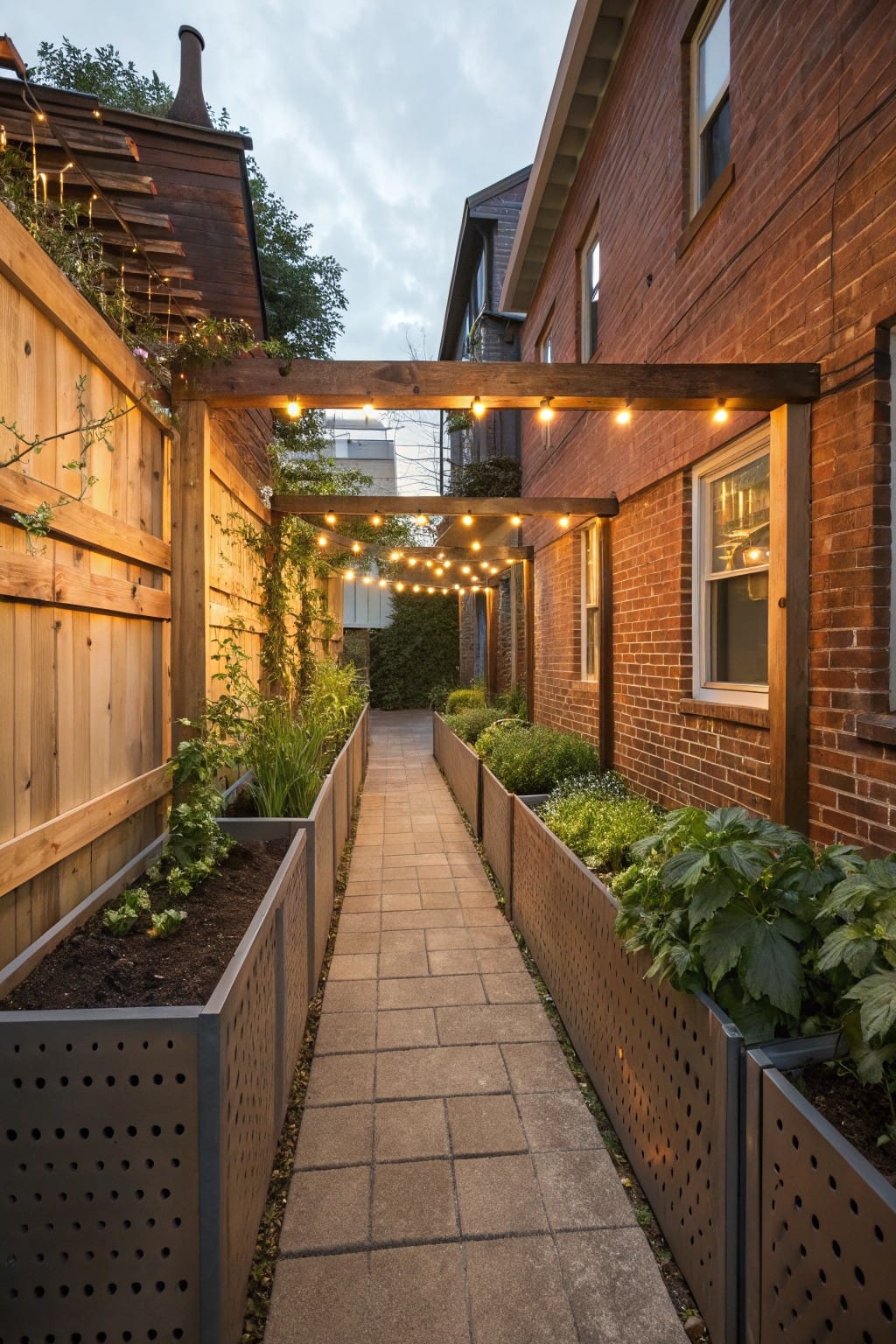 Narrow paved pathway lined on both sides by tall perforated gray metal raised garden beds planted with greens and herbs, under a wooden pergola with string lights, next to a wooden fence and brick house wall.