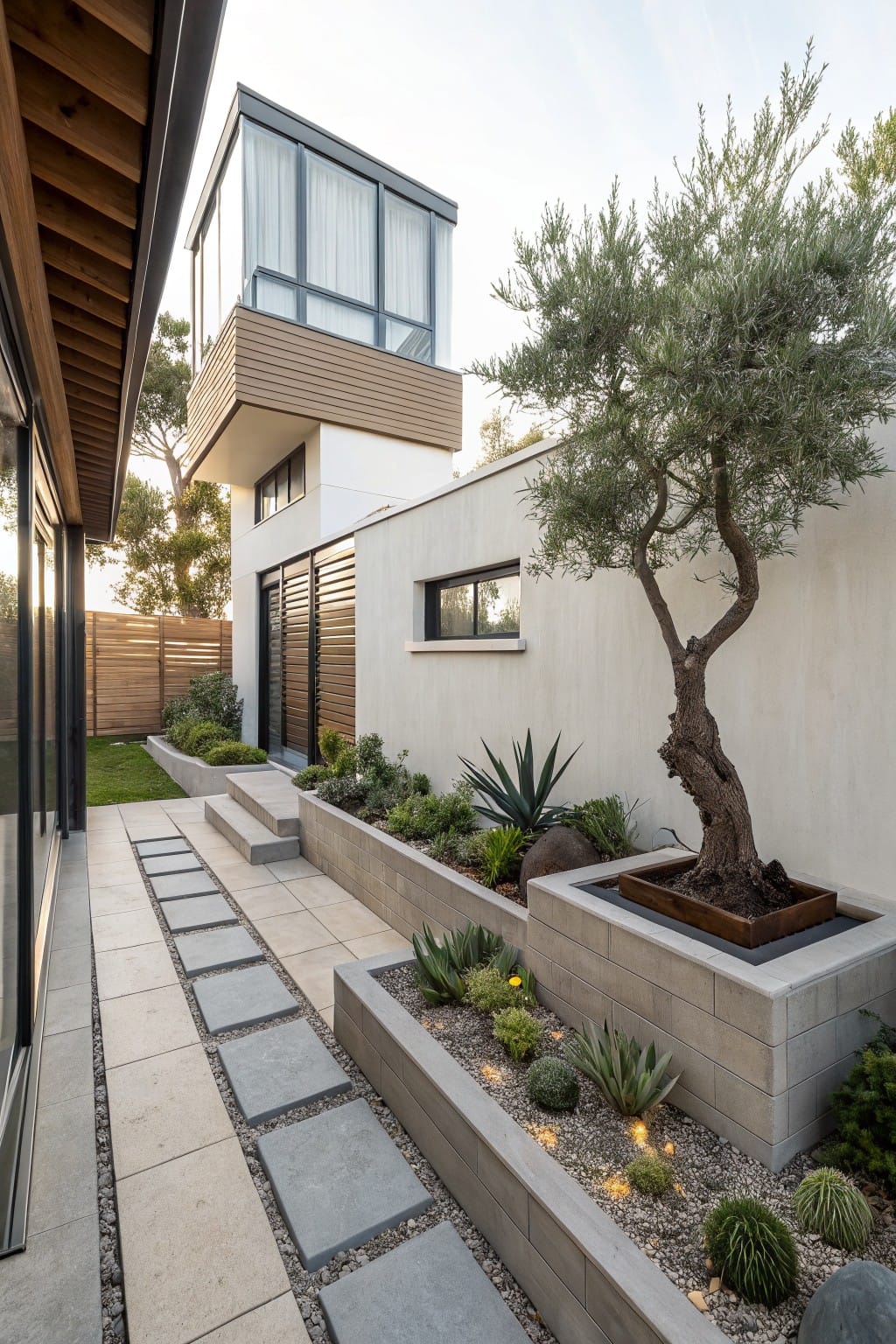 Modern house side yard with gray concrete paver stepping stones along a pathway, raised concrete block garden beds planted with succulents, agaves, and gravel, olive tree in wooden planter box, white stucco walls, and wood architectural details.