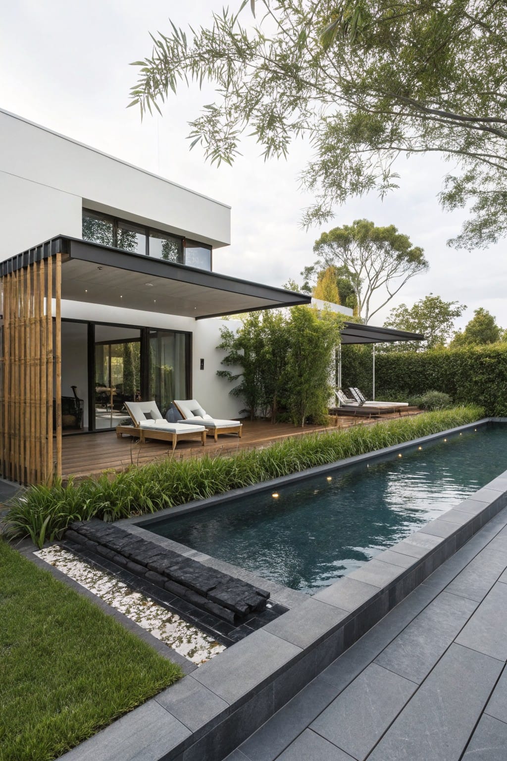 White modern house with black-framed windows and bamboo screens, wooden deck with loungers, narrow dark pool edged by raised garden beds using black stone blocks, grasses, pebbles, and lawn.