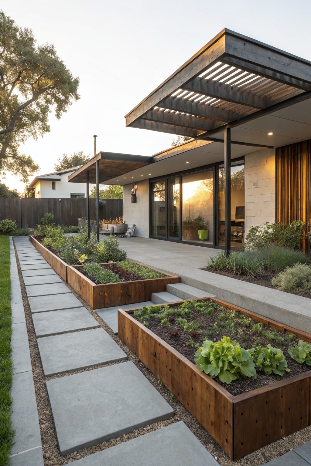 Wooden raised garden beds filled with vegetables line a concrete paver pathway leading to a modern home's concrete patio and sliding glass doors.