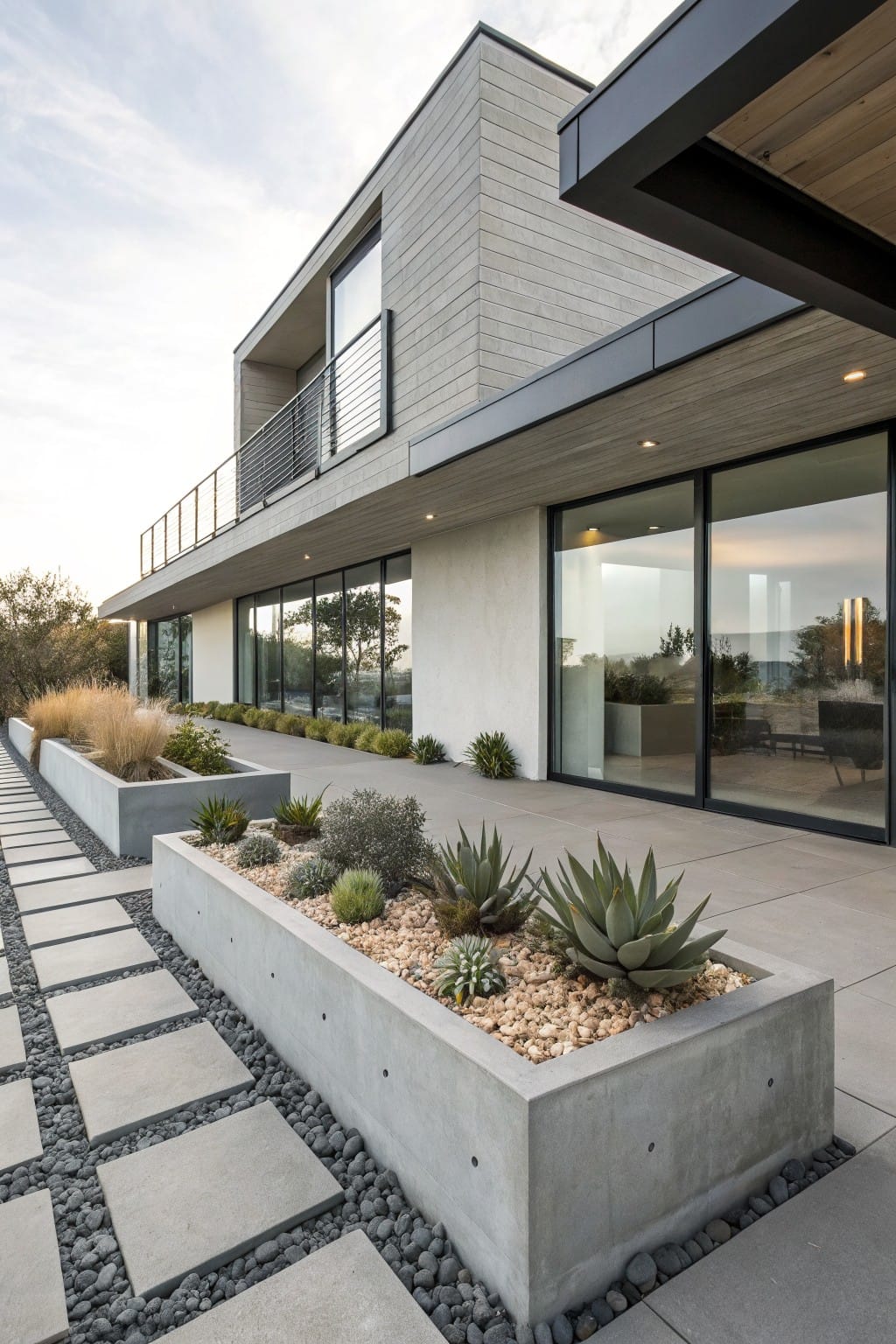 Contemporary house exterior with long rectangular concrete raised garden beds filled with succulents, agaves, grasses, and pebbles along a pathway of gray pavers and dark gravel.