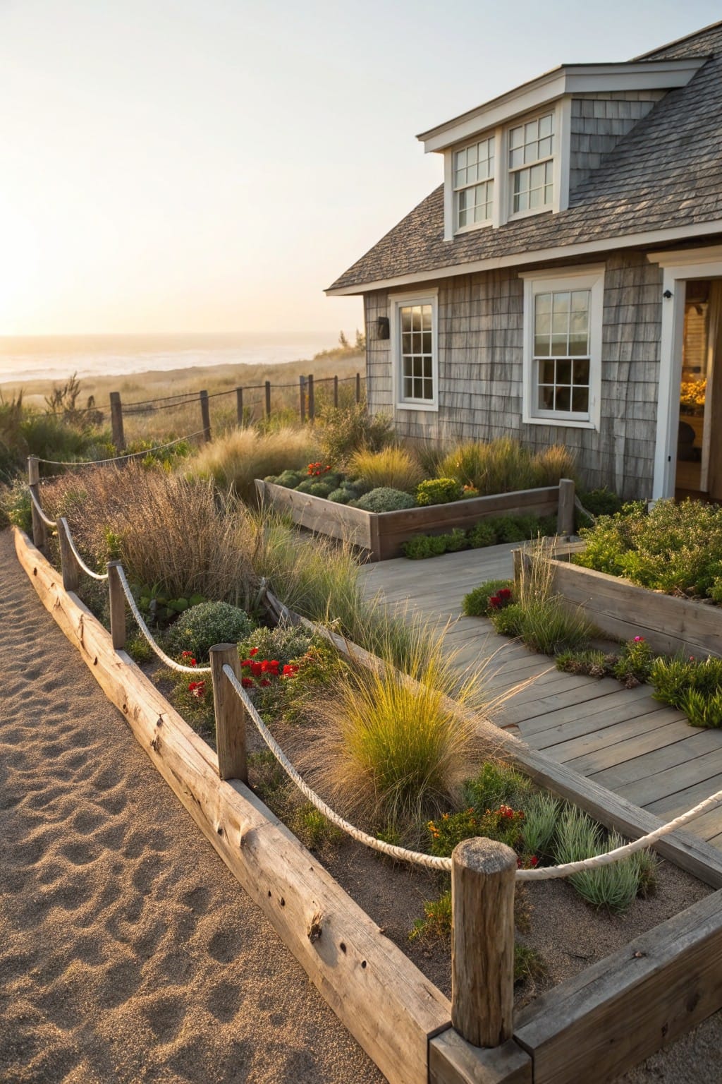 Gray shingled beach house next to wooden raised garden beds edged with rope between posts, planted with grasses, succulents, and red flowers along a sandy path and boardwalk with ocean in background.