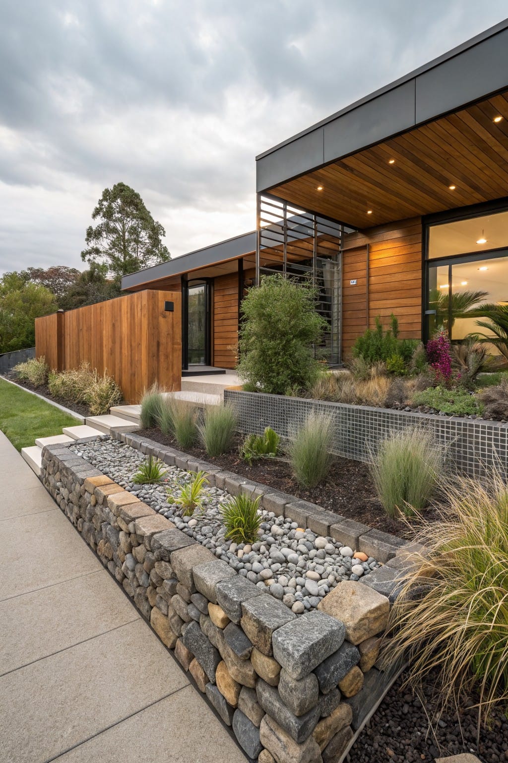 A modern house exterior features a raised garden bed edged with a dry-stacked stone wall filled with pebbles, grasses, and small plants along a concrete sidewalk.