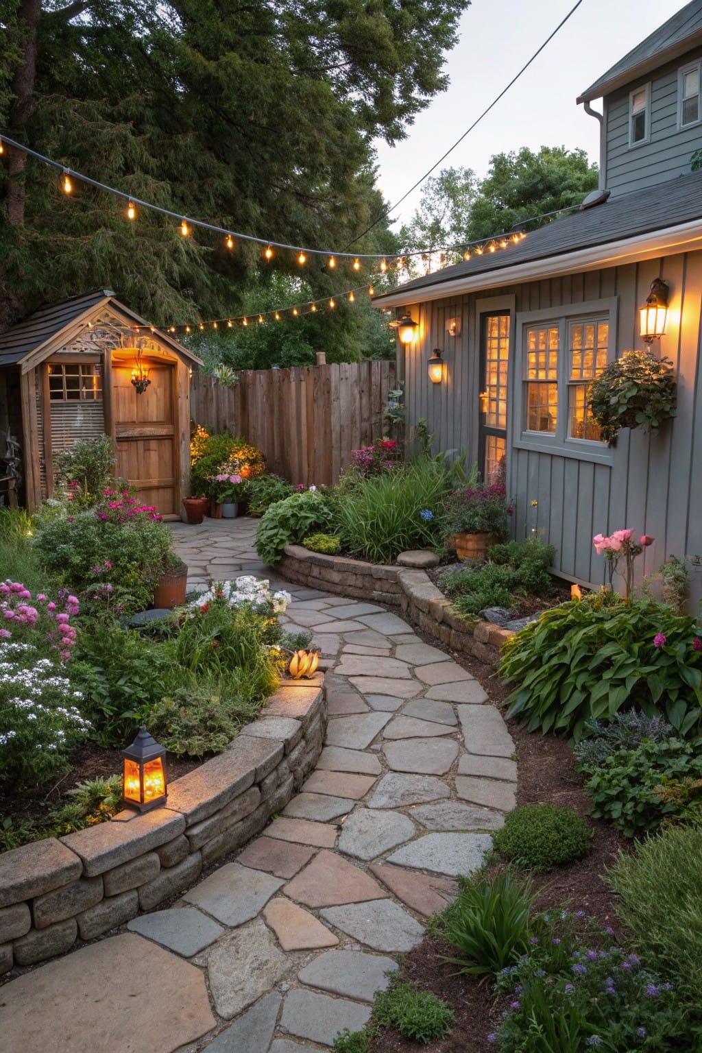 Backyard flagstone path winding between raised garden beds edged by low stone retaining walls, with plants, lanterns, string lights, a wooden shed, and a gray house at dusk.