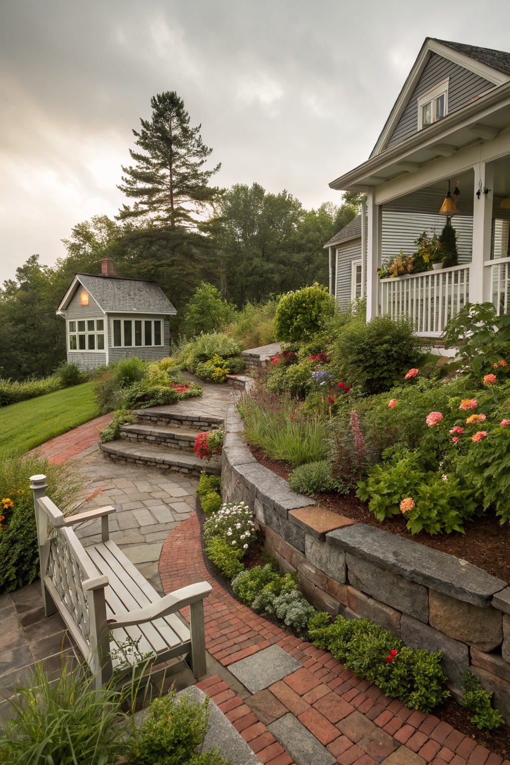 Sloped backyard garden with raised beds edged by stacked stone walls overflowing with colorful flowers and shrubs, a curved brick and stone pathway with steps leading to a white wooden bench, small gray shed, and shingled house with porch under cloudy sky.