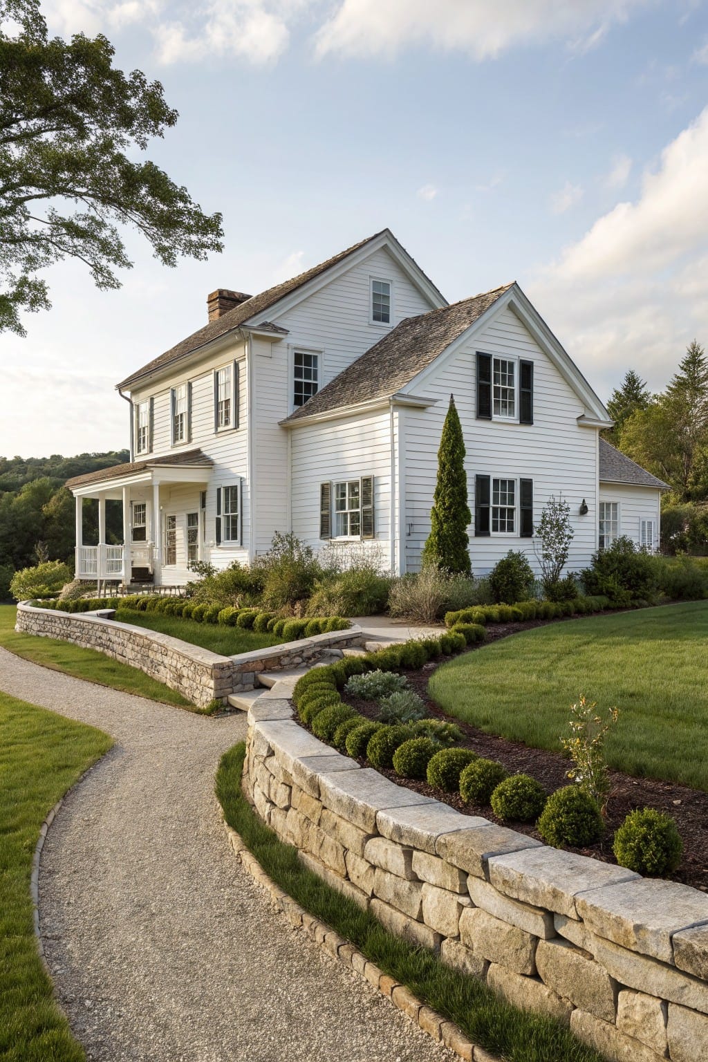 White clapboard house with gabled roof and porch beside a curved gravel pathway and low stone retaining wall lined with boxwood shrubs atop a grassy lawn.