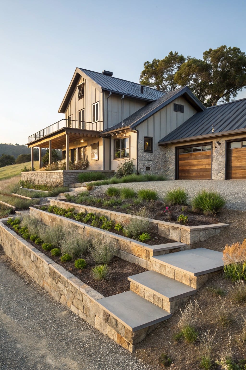 A two-story house with gray siding and metal roof on a hillside, surrounded by multi-level stone retaining walls filled with low-growing plants and gravel paths, with concrete steps leading up from a gravel driveway.