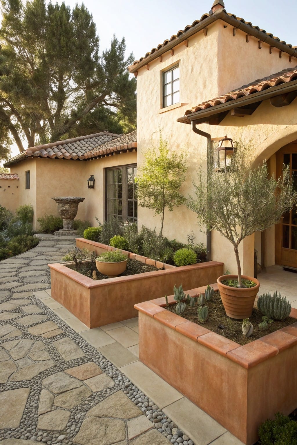 Stone pathway lined with rectangular terracotta raised garden beds containing succulents and agave plants next to a beige stucco house with arched entry and olive trees.