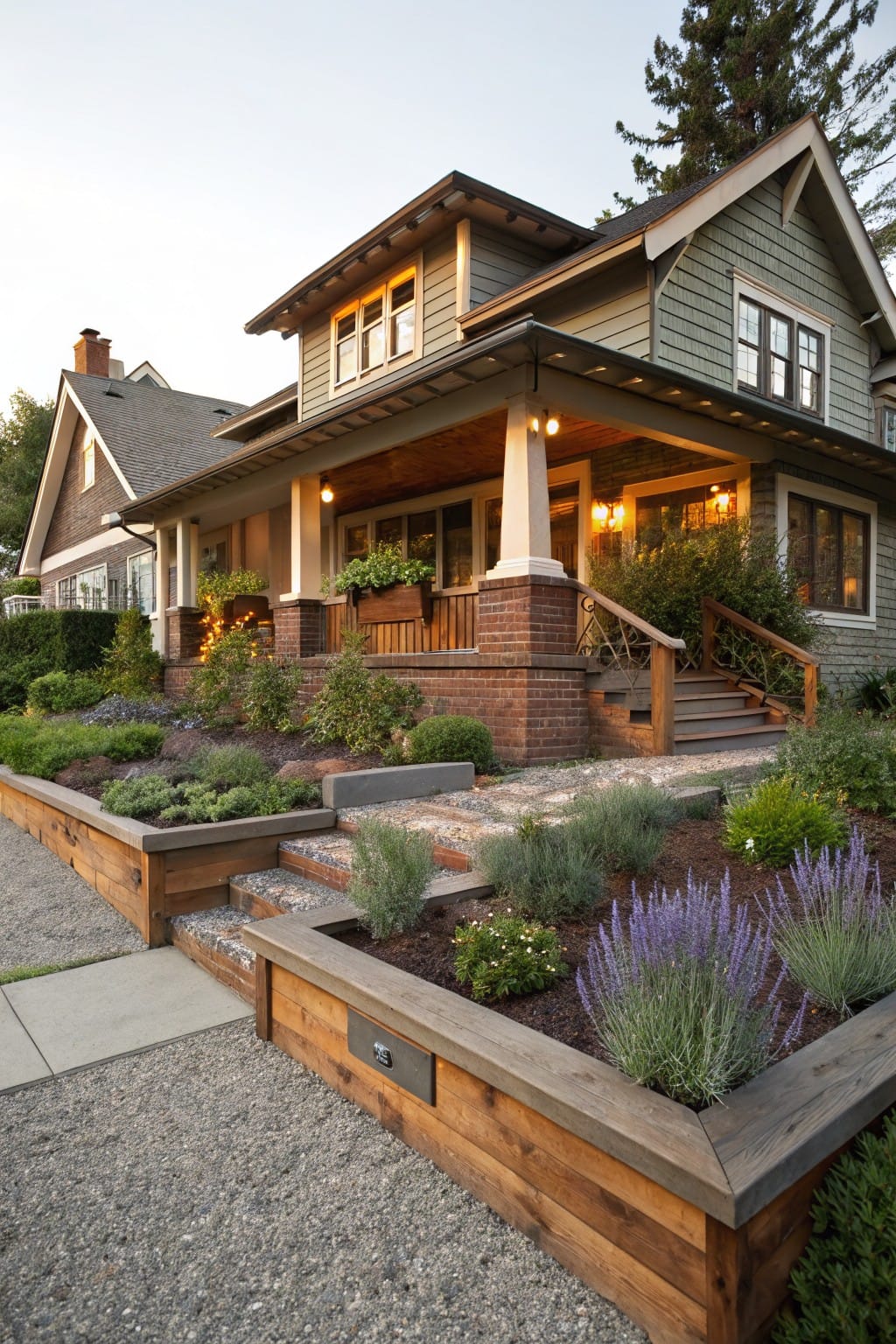 Craftsman house exterior with wooden raised garden beds planted with lavender and herbs along a gravel path and steps leading to the front porch.