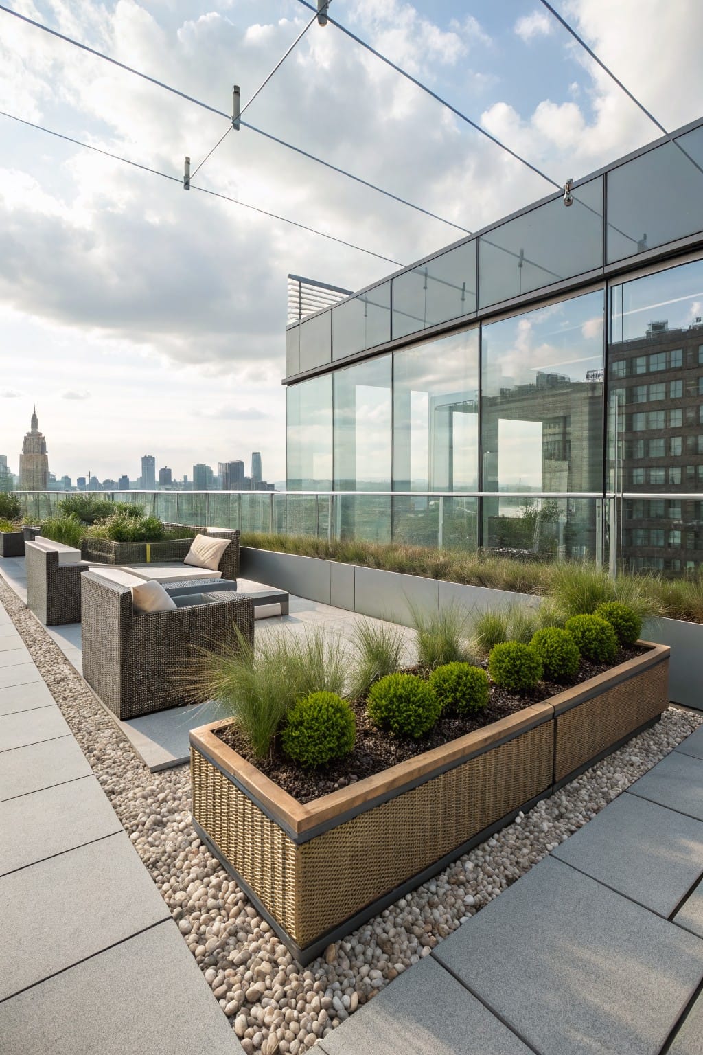 Rooftop terrace featuring raised garden beds with woven wood edging, gravel pathways, potted shrubs and grasses, lounge chairs, glass railings, and city skyline in background.