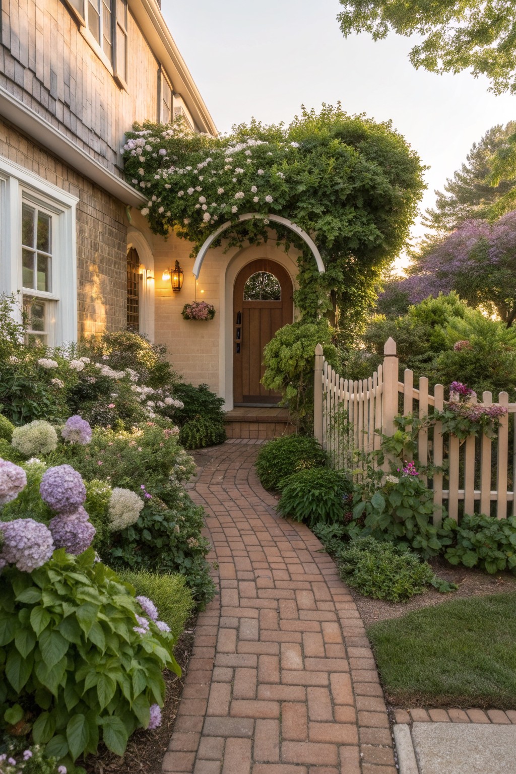Curved red brick pathway bordered by white and pink hydrangeas, climbing roses on an arch, shrubs, and a white picket gate leading to a beige stucco house with arched wooden front door.