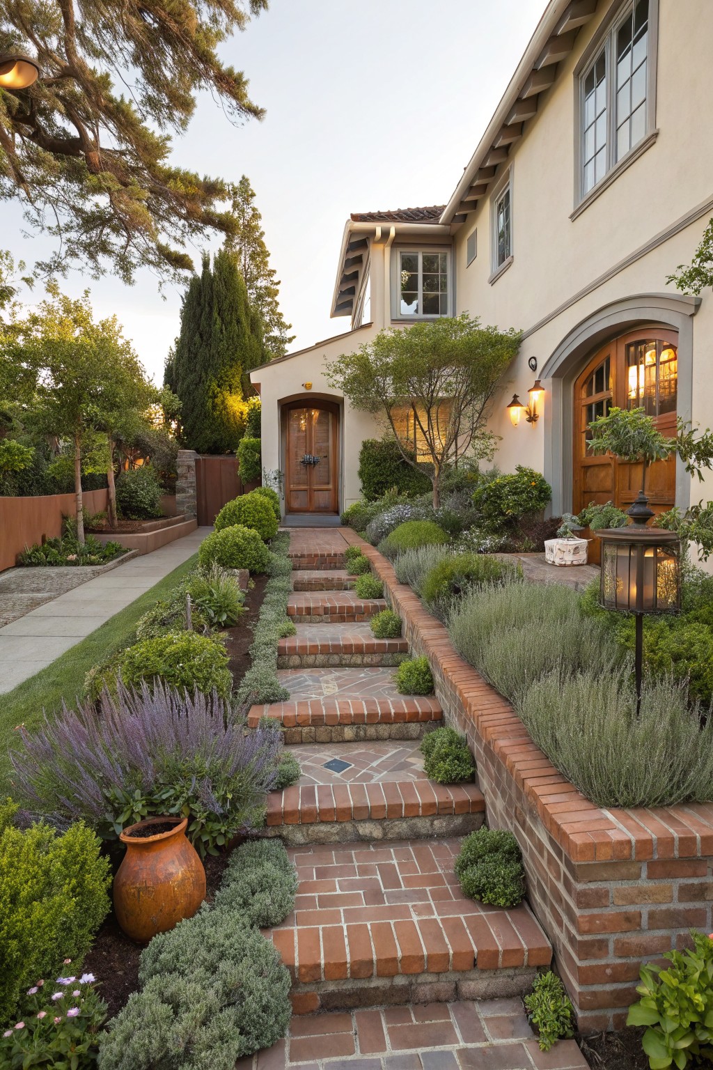 Front yard brick steps leading to a beige house entrance, lined with lavender plants, shrubs, and a large terracotta pot at the bottom.