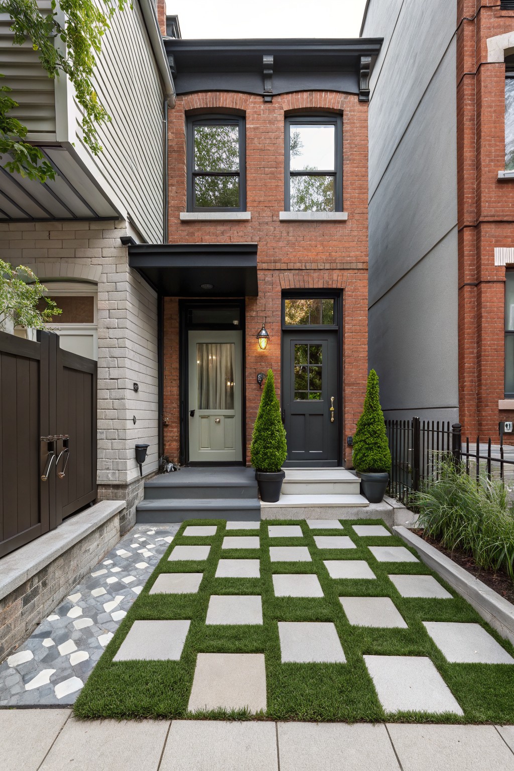Narrow brick row house facade with black-framed windows, dark green front door under a covered porch, potted boxwood shrubs on either side of concrete steps, and a front walkway of alternating large gray concrete slabs and green artificial turf squares bordered by plants and a fence.