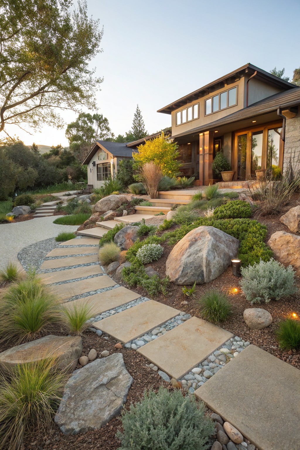 Front yard with a curved path of rectangular concrete stepping stones in gravel, bordered by large boulders, ornamental grasses, shrubs, and mulch, leading to stairs at a contemporary house entrance.