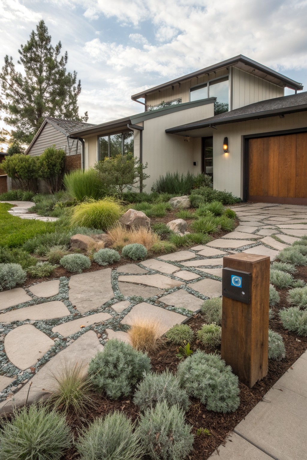 Modern house with light wood siding and wooden garage door, front yard featuring irregular gray flagstone path winding through drought-tolerant grasses, shrubs, boulders, and gravel mulch.