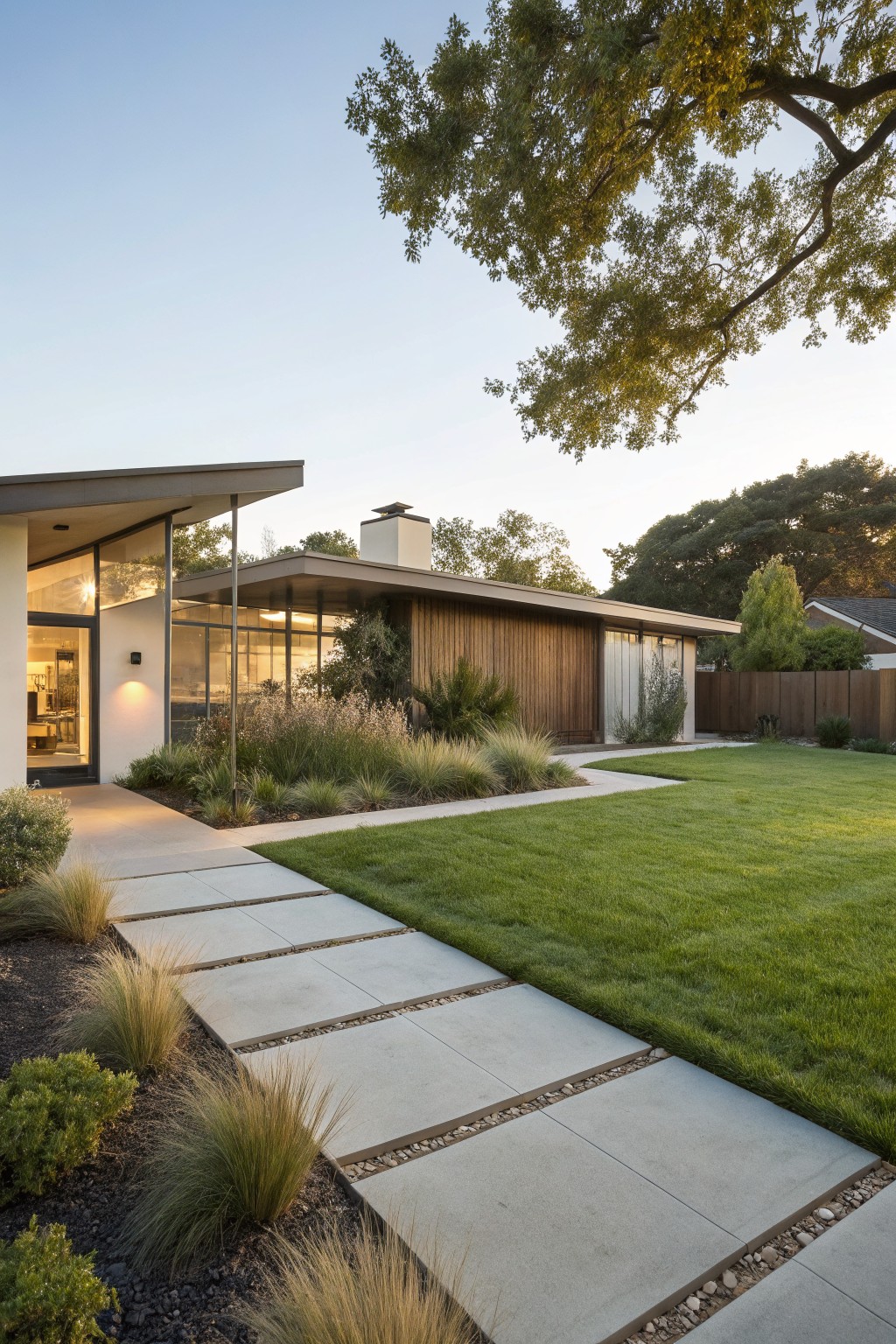 Modern white and wood house exterior with large rectangular concrete pavers set in gravel forming a path through a green lawn and bordered by ornamental grasses leading to the entry door.